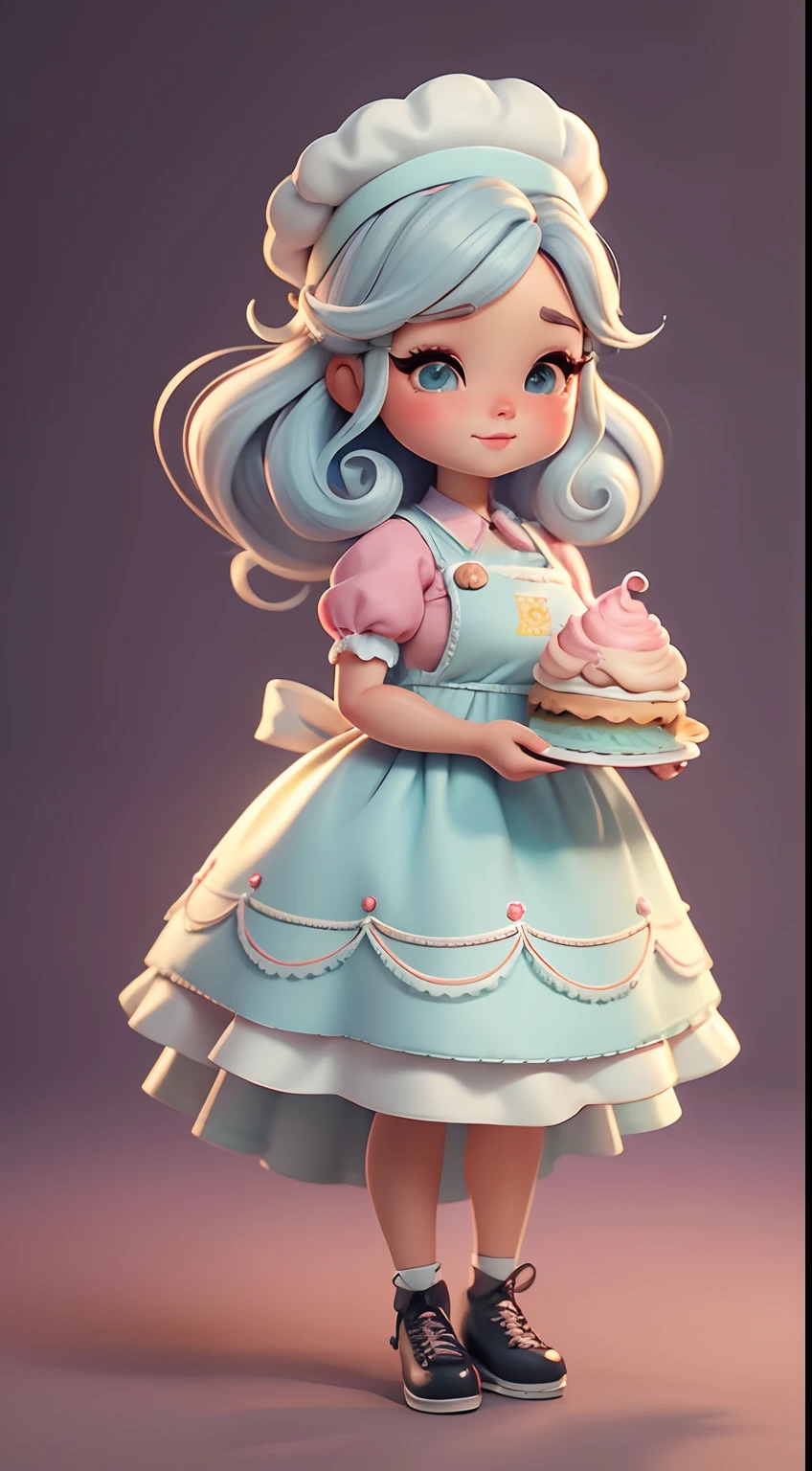 Crie uma roupa de boneca estilo chibi com um tema de chef confeiteiro bonito., Each piece has a lot of detail and 8K resolution.. All dolls must follow the same and complete stable background pattern in the image., programa (corpo inteiro, incluindo pernas: 1.5)
Boneca Doce: Chame-a de Bella.. Ela deve ter muito tempo, cabelos cacheados em tons pastel., Empate em duas marias-chiquinhas. Seus olhos devem ser grandes e brilhantes., It has long eyelashes and rosy cheeks.. Bella deve se vestir com um vestido de pastelaria., With a cupcake pattern apron and a full-length skirt.. She had to wear a chef's hat and have a bag of candy in her hand., enquanto no outro, Ela segura um prato de cupcakes decorativos.. Don't forget the details of the cupcakes., With colorful toppings and charming décor., Nice shoes
Don't forget to add shadows., Textura e detalhe no cabelo, Clothes, Each doll's baking equipment and candy, To make them cuter and more charming..