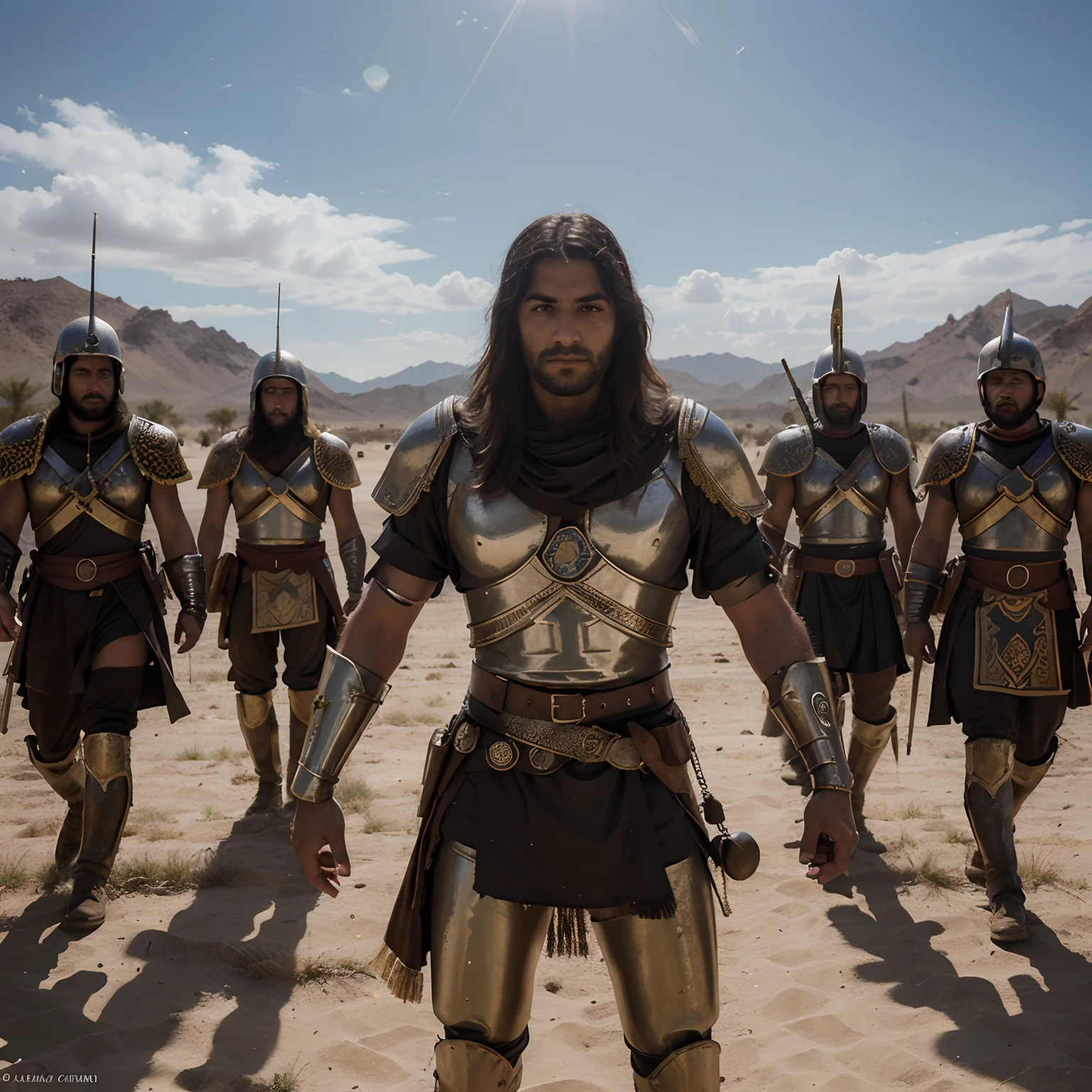 Persian Legion, aceite, Escena de guerra antigua, Soldados muy detallados, epic battle, Intrepid Commanders, lanzas brillantes, Armadura intrincada, Cascos ornamentados, Vast desert landscape, Dust swirling in the air, Luz dorada del sol, sombras intensas, Realistic depiction, dramatic composition, colores vibrantes, Historical accuracy, Symmetrical formation, Tropas disciplinadas, Conquering spirit, Victorious Atmosphere, Life-size figures, Dynamic movement, Tapiz intrincado, textura rica, fondo borroso, Gritos de batalla. (La mejor calidad,4k,8k,Altas Resoluciones,obra maestra:1.2), ultra detallado, (realista,fotorrealista,fotorrealista:1.37), Imperio persa, conquista, Military Might, Guerreros legendarios.