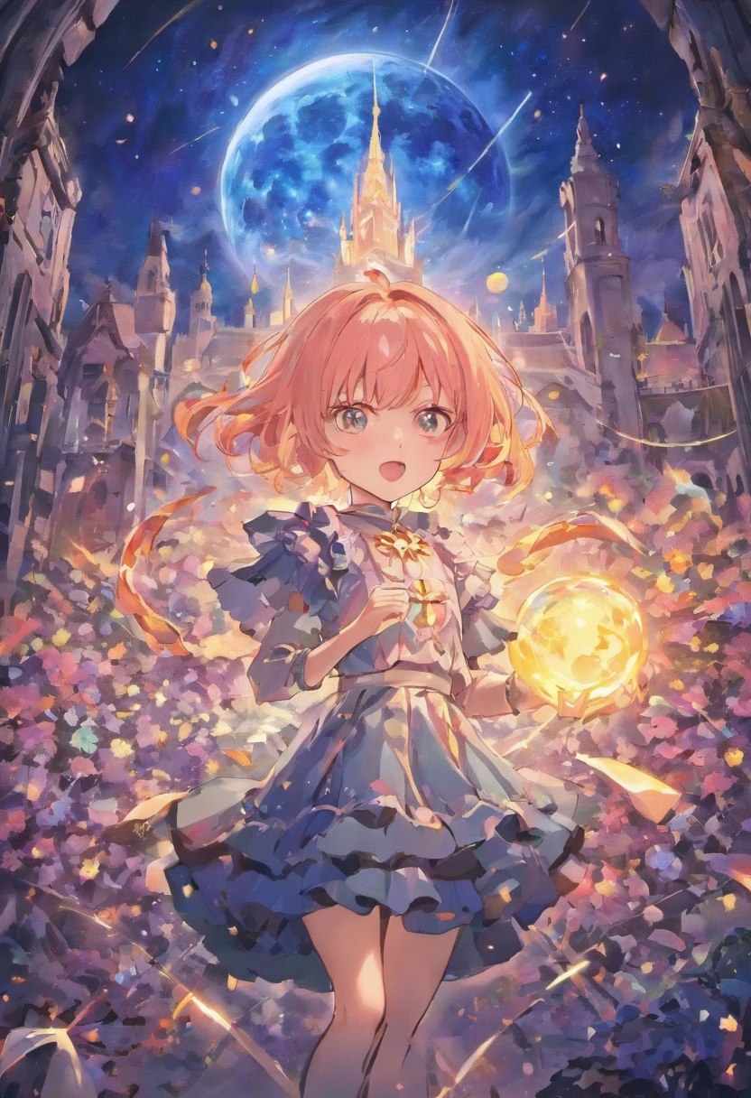 (masterpiece、top-quality)、chies(ruins、Large amount of stained glass)、flower field(amaryllis)、teens girl(Peach-colored bob hair、Jade-colored eyes、frilled blouse、Dark blue lace skirt、Flowers in the hands、A worried expression)、8K、Contre-Jour(Moon Night、Meteor swarm)