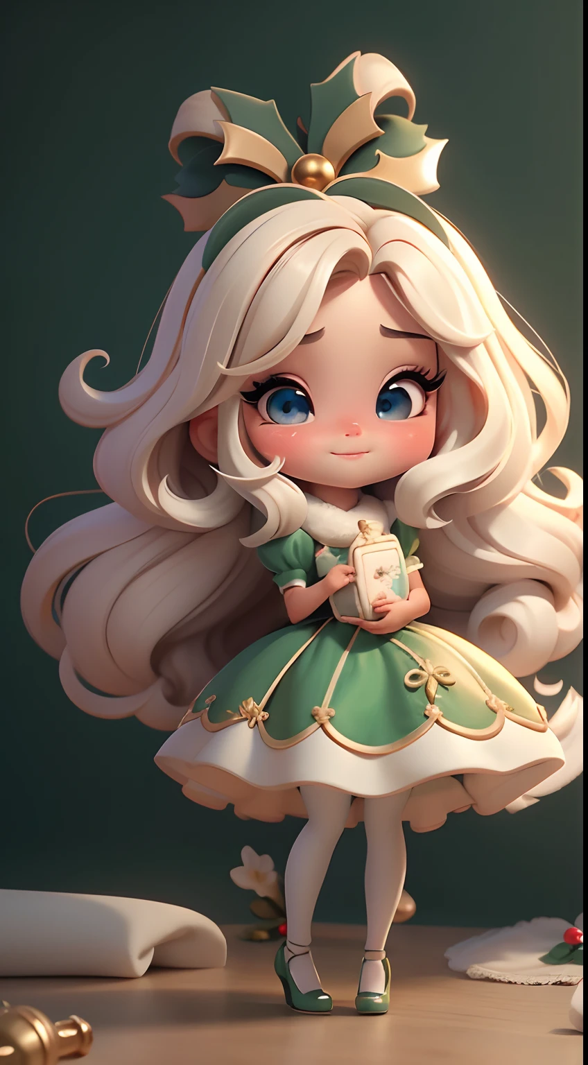 Crie uma roupa de boneca estilo chibi com um tema de natal bonito. Each piece has a lot of detail and 8K resolution.. All dolls must follow the same and complete stable background pattern in the image., programa (corpo inteiro, incluindo pernas: 1.5)
Boneca Doce: Chame-a de Bella.. Ela deve ter muito tempo, cabelos cacheados em tons pastel., Empate em duas marias-chiquinhas. Seus olhos devem ser grandes e brilhantes., It has long eyelashes and rosy cheeks.. Bella, estar usando vestido, e uma saia de corpo inteiro. Don't forget the Christmas details. Charming décor., Nice shoes
Don't forget to add shadows., Textura e detalhe no cabelo, Clothes, Christmas Equipment & Accessories. To make them cuter and more charming..