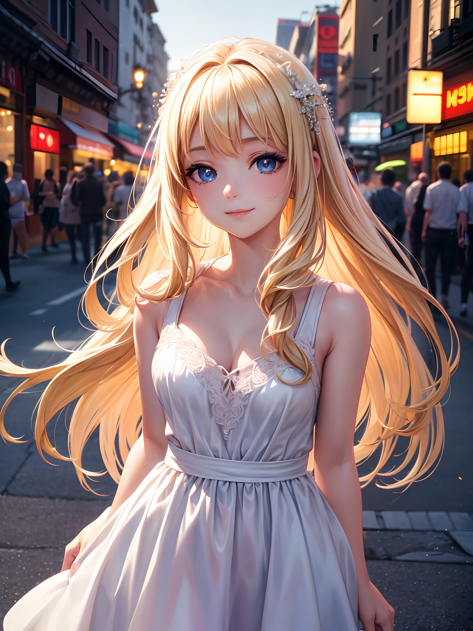 Best Quality, Masterpiece, hight resolution, 1girl, White flared chiffon short dress, Smile, closed mouth,lips, blond long hair, Detailed beautiful eyes,Detailed eyelash, beatiful face,UPON_body, Tyndall effect,Photorealistic, rim lighting, dual tone lighting,(high skin detail:1.2), 8K UHD, dslr, soft-lighting, hiquality, voluminous lighting, candid, a photo of a, High Resolution, 4k, 8K, bokeh, In the center of the city, afternoon