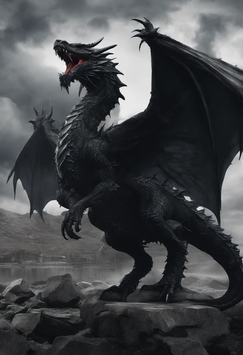 full body portrait of a realistic female obsidian dragon, ral-opal wings, huge, long body, wings, many horns, horns, antlers, twisting horns, curled horns, wolf shaped head, white eyes, mysterious mountain scenery, full body, cinematic, render, 8k, unreal engine, realistic, masterpiece, high detail, full body, low life, extremely intricate, extreme detail, volumetric lighting