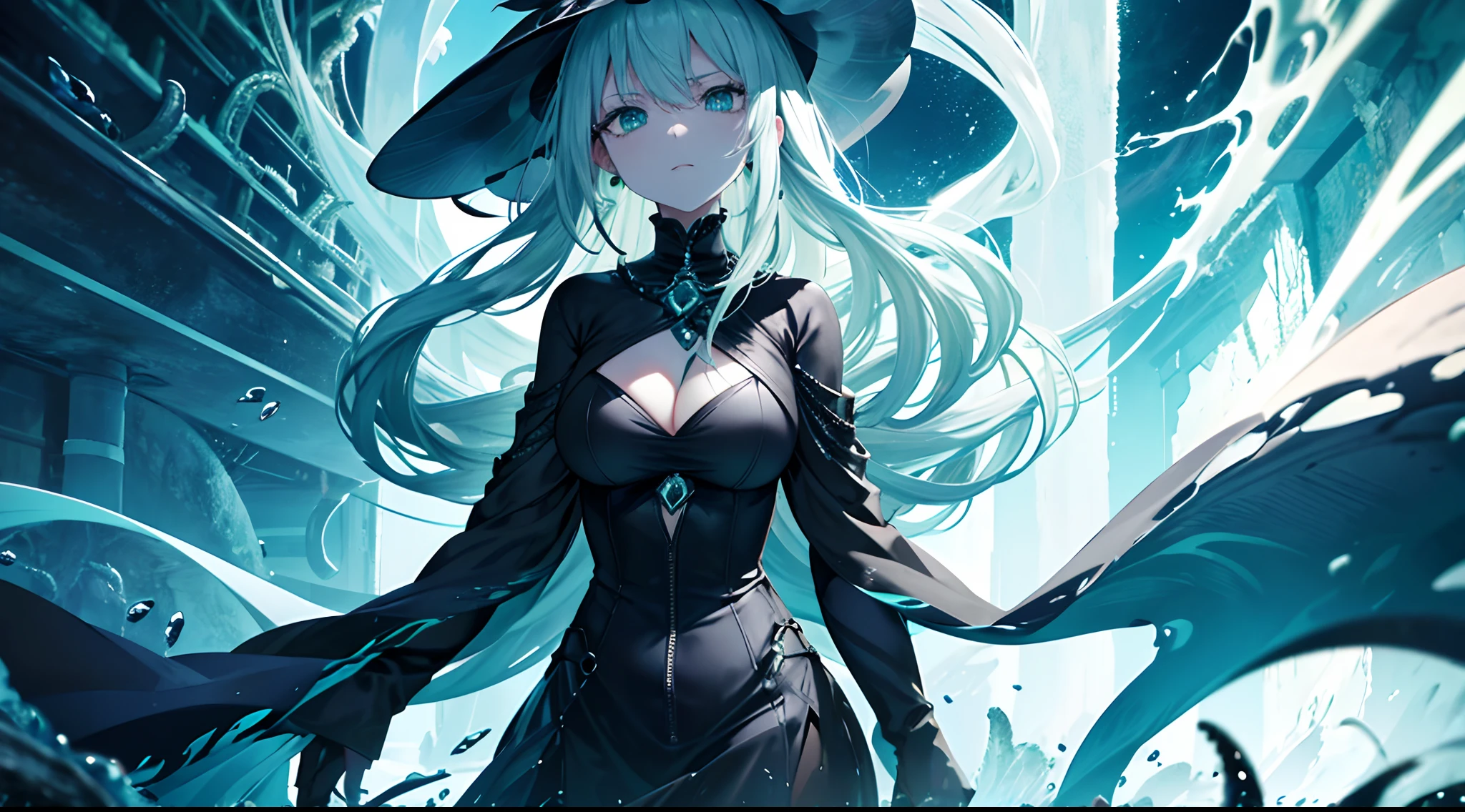 Image of the Sea Witch, long green hair, evil, villain, She's coming to you, up close, Dark Ocean,( undersea:1.1), zipper, light eyes, in a dress made of seaweed, Tentacles, octopus, (up close:1.3)