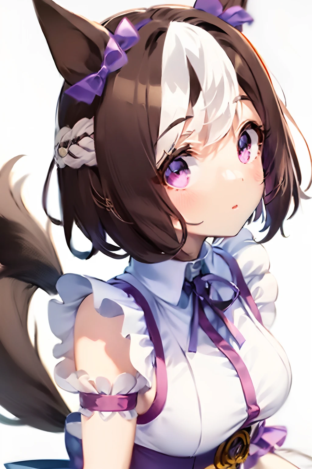 special_week_\(Umamusume)、bow ribbon、bow ribbon、bow ribbon、corsets、Fluffy breasts、maid clothes、The upper part of the body、(Refers to the viewer:1.3)、Happiness、(White background:1.5)、(front-facing view:1.3)