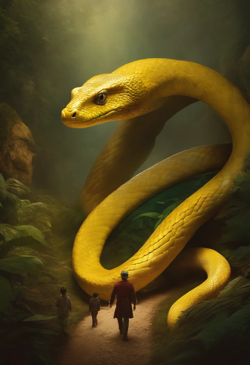 Enigmatic creature with the body of a yellow snake and the face of a charming man, Leading a group of children into the unknown, junto com lobos