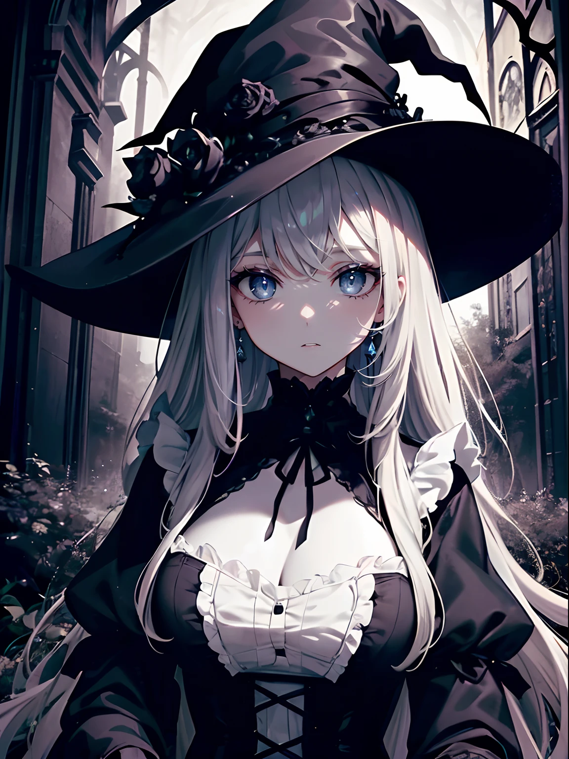 (masterpiece,best quality,ultra-detailed),1girl,victorian-style gothic dress,(witch hat),(pale skin),long wavy dark hair, beautifully detailed, mystical and detailed eyes, in an overgrown, eerie garden,night,(gothic theme),conjuring an atmosphere of dark enchantment for the viewer,(grey theme)
