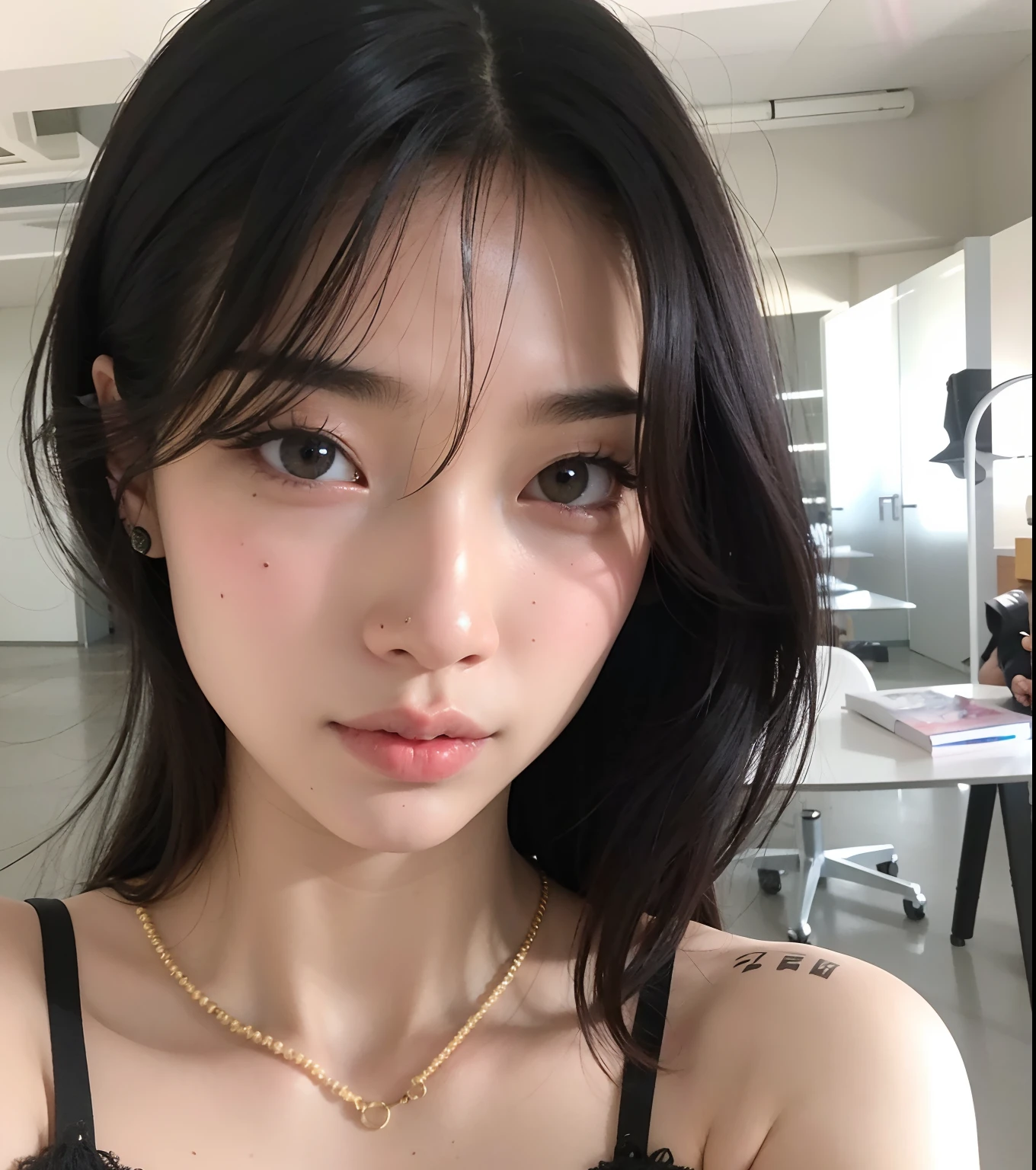 a close up of a woman with a necklace on her neck, menina coreana, Mulher sul-coreana bonita, linda mulher coreana jovem, Beautiful Asian girl, mulher coreana jovem bonita, young cute wan asian face, Ulzzang, asian features, gorgeous chinese model, Jinyoung Canela, korean symmetrical face, lindo rosto delicado, asian beautiful face, korean face features