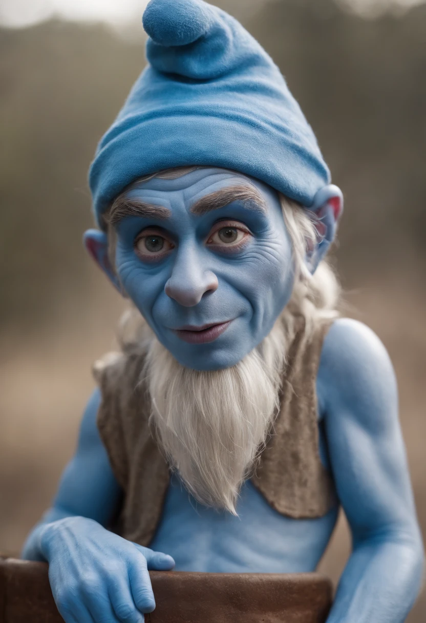 Foto de close-up de um rapaz alegre, rosto pintado estilo smurf