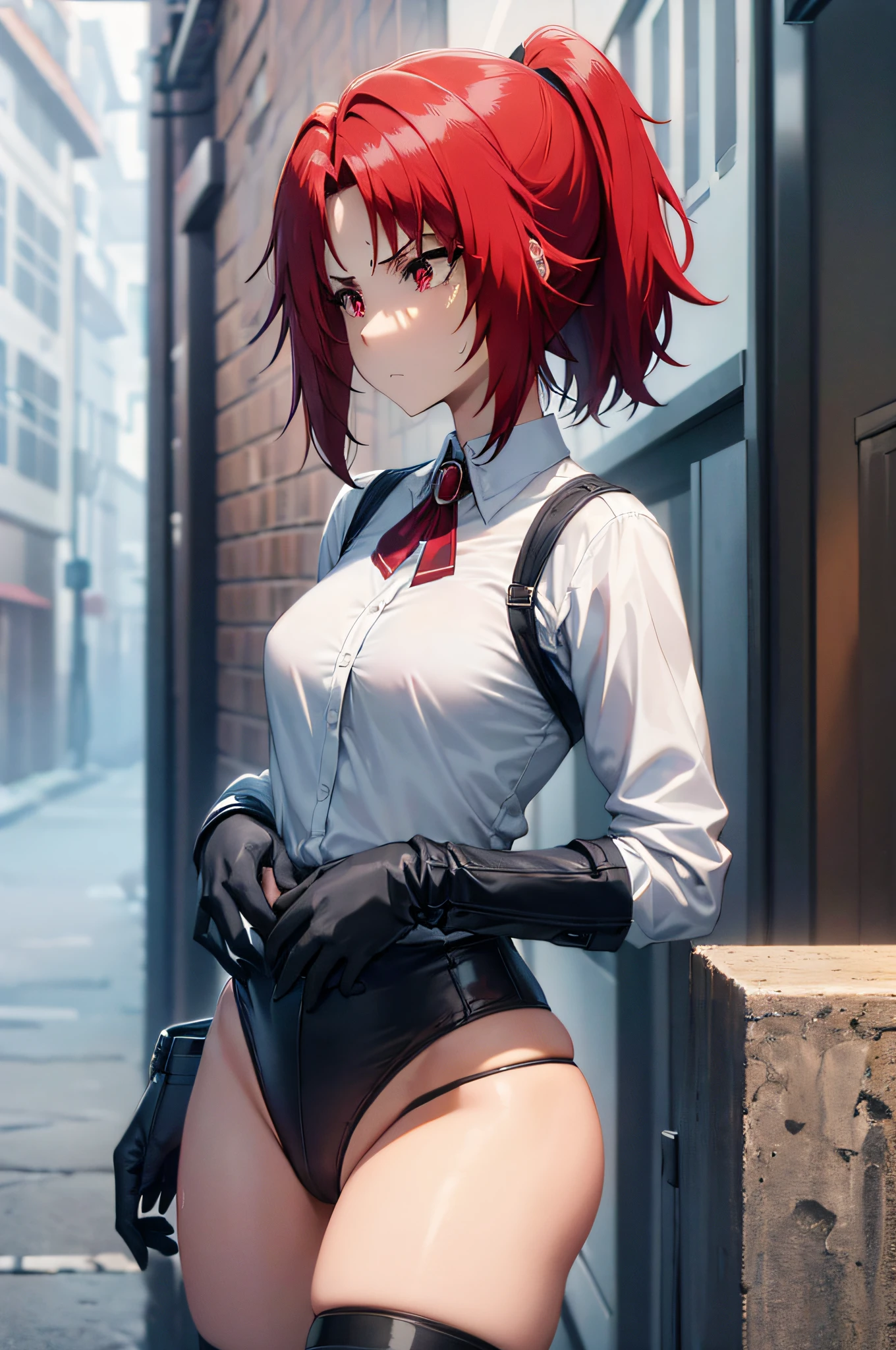 (clothes lift:1.2), (lifted by another:1.2), (hands:1.2), (breasts out:1.2), (masterpiece:1.2), (best quality:1.2), cowboy shot, 1girl, 1boy, medium breasts, fit and petite body, short hair,, high ponytail, (white shirt:1.2), black thong, black stockings, standing, arms behind the back, tears, in the small alley, city,Red Hair, , RED EYES