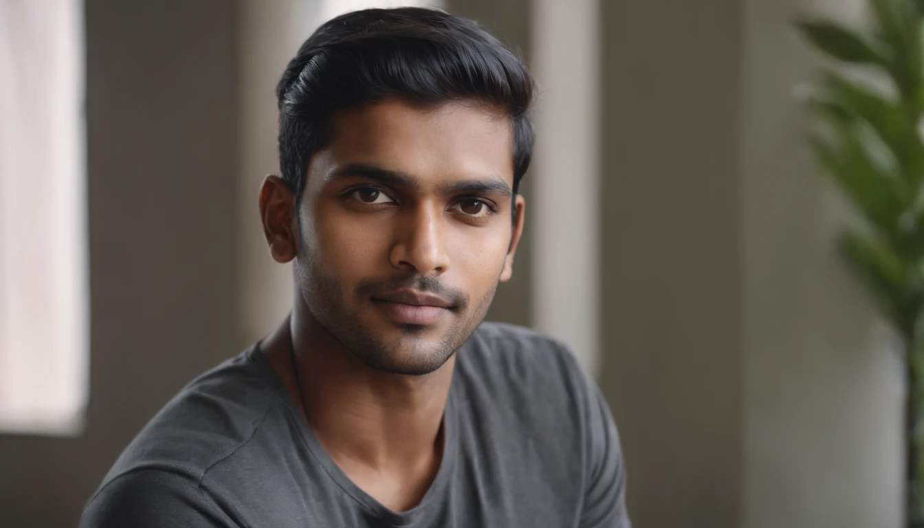 sri lankan man,26 years of age, , looking at the camera with upper body showing,cute,smart, gym toned body, realistic,8k,hyper realistic
