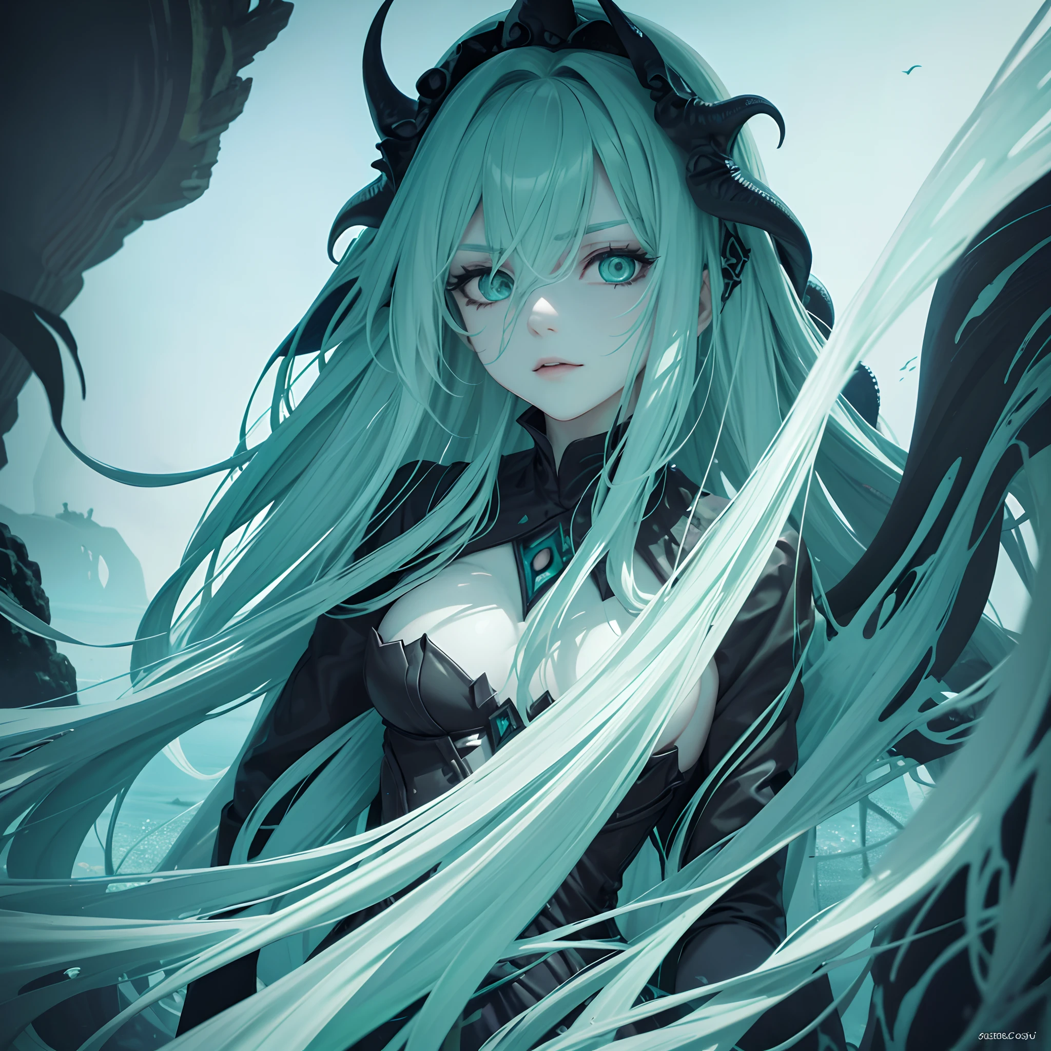 Image of the Sea Witch, long green hair, evil, villain, She's coming to you, up close, Dark Ocean,( undersea:1.1), zipper, light eyes, in a dress made of seaweed, Tentacles, octopus, (up close:1.3)