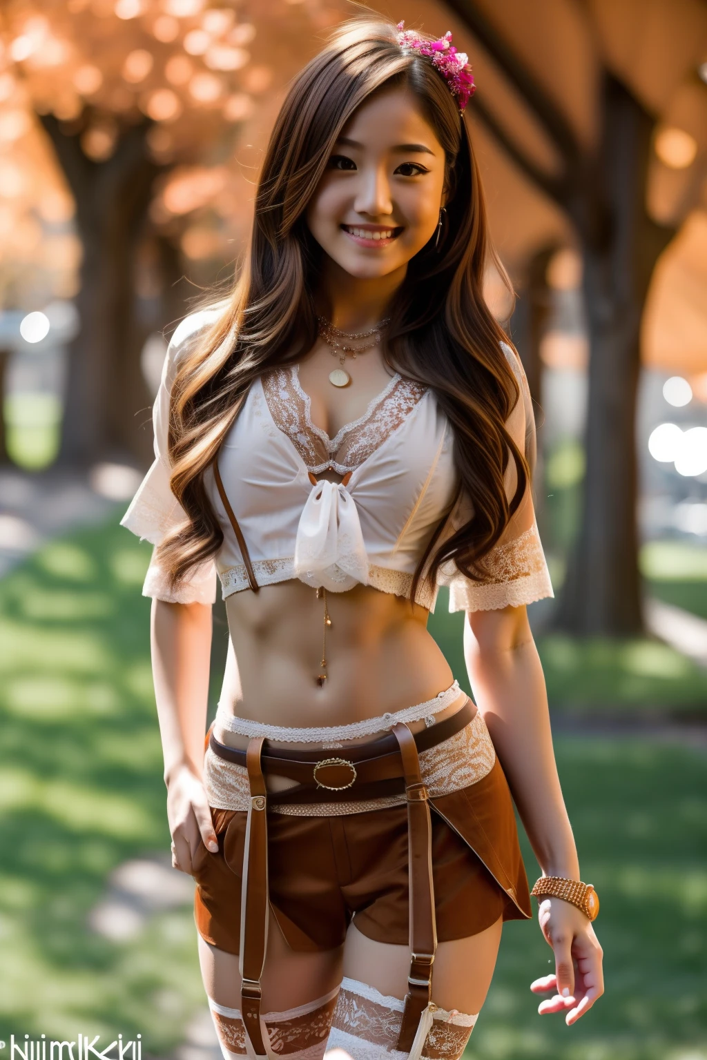 (((Full body photo)))(((8K, Beautiful skin)))(((realphoto))) Japanese, Breathtakingly beautiful, half up, Hair color She wears light brown, Short brown suede leather skin shirt with, Wearing, Her breasts are exposed, Beautiful necklaces,I'm wearing a light brown checked miniskirt, (((Wearing a garter belt))), In her ears are stylish earrings, And have beautiful legs.Her ass is small, Her thighs are thin, She is smiling at the cameraman, Background is a figure sitting with his legs together in a park with grass,Thighs are thin --auto