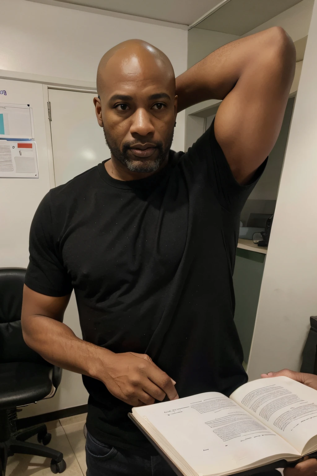 Https://Imgur.com/QJcKXED Um homem negro ,careca ,Stock exchange executive Very similar to the image next to charts in the stock market. The image should be very similar to the person in the photo, The man will be full body and in a frontal position, como se estivesse dando uma aula ou explicando algo para as pessoas https://Imgur.com/ArTM8t4