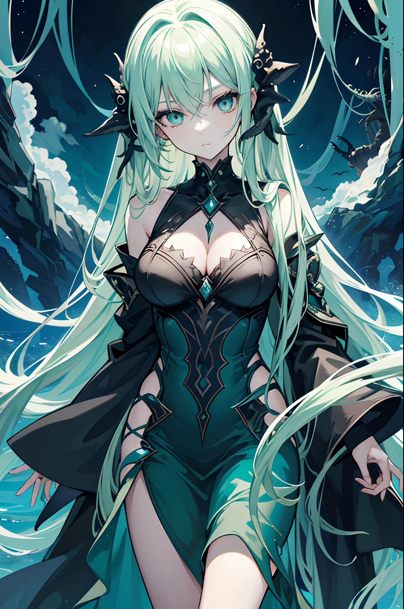Image of the Sea Witch, long green hair, evil, villain, She's coming to you, up close, Dark Ocean,( undersea:1.1), zipper, light eyes, in a seaweed dress, Tentacles, octopus, (up close:1.3)