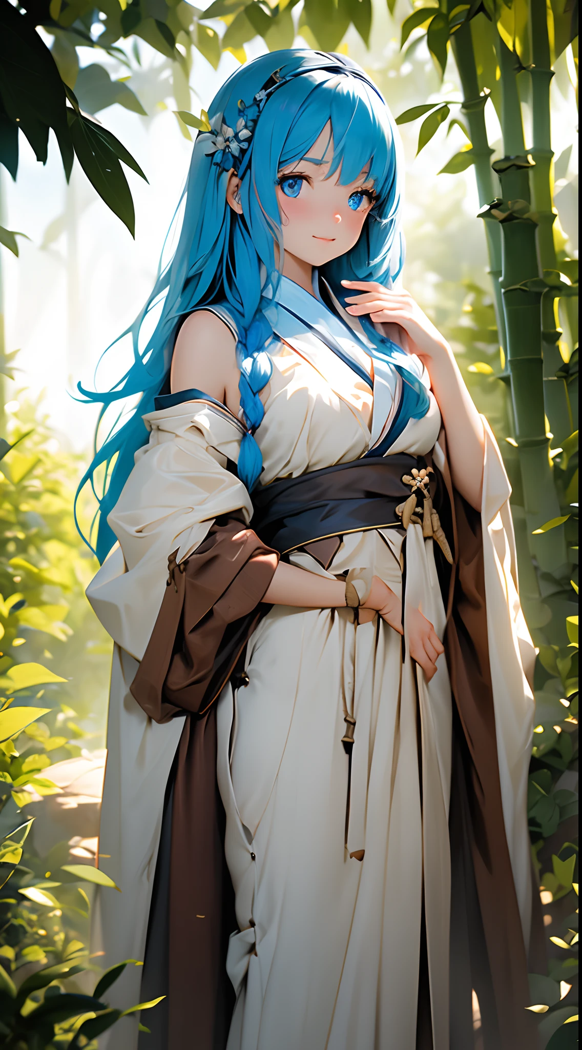 Masterpiece, Best Quality, Official Art, 8k Wallpaper, Very Detailed, Illustration, 1 Girl, Sky Blue Hair, Long Hair, Detailed Eyes, Forrest Gump, Bare Shoulders, Hanfu, Lake, Pure, Soft Smile, bamboo, tea