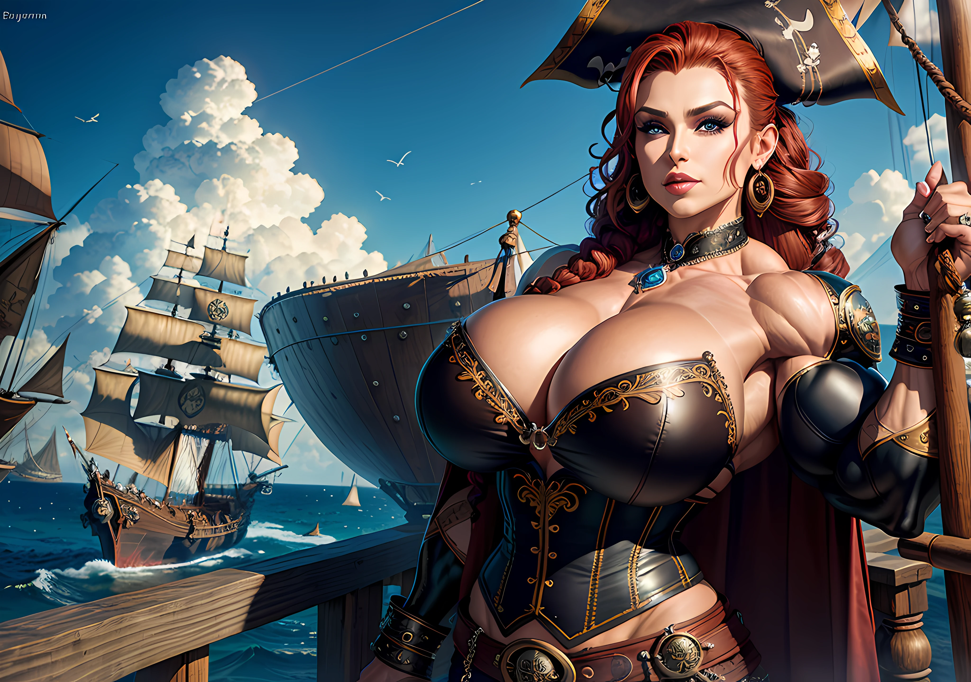octane render, hdr, hd16k quality, (hyperdetailed:1.15), (soft light, sharp:1.2), 1girl, beautiful girl, ultra detailed eyes, ultra detailed perfect face, mature, thick, pirate queen, ultra detailed leather corset, leather pants, ornate brown cloak, ornate black belts, detailed ornate pirate hat, ornate hair braids, thick lips, (long red hair), (gigantic breasts, thin waist),bimbo, pirate ship, pirates, at sea, pirate ships at sea, blue cloudy sky (hair ornaments, earrings, dark winged eyeliner), (((((huge muscles)))))