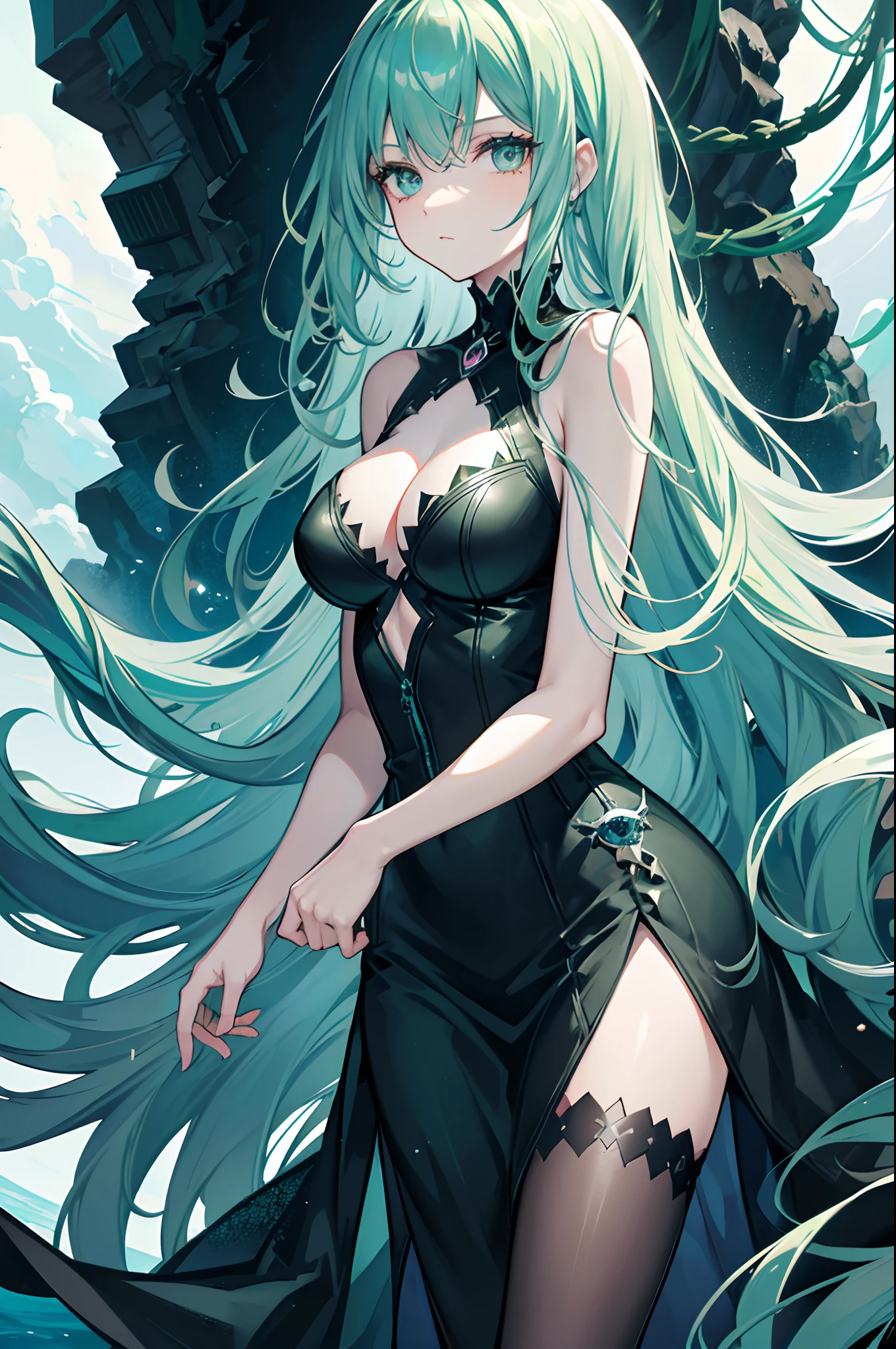 Image of the Sea Witch, long green hair, evil, villain, She's coming to you, up close, Dark Ocean,( undersea:1.1), zipper, light eyes, in a seaweed dress, Tentacles, octopus, (up close:1.3)