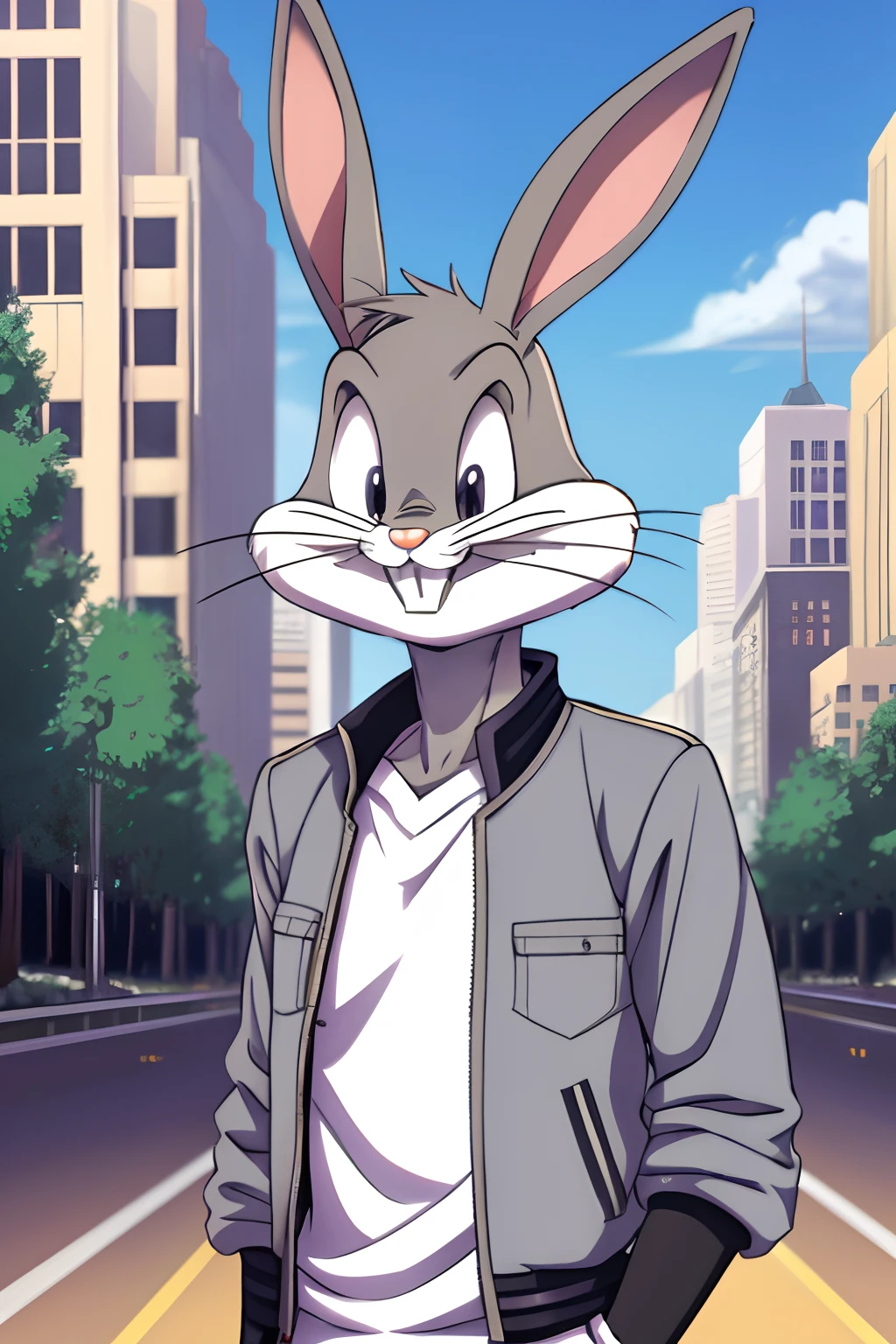 gloves, male, solo, bugs bunny, rabbit, buckteeth, city, long ears, grey body, grey fur, white fur,furry,anime style, anime screencap, 2010s_\(style\), grin, forest, upper body, short-sleeved jacket with white lining,