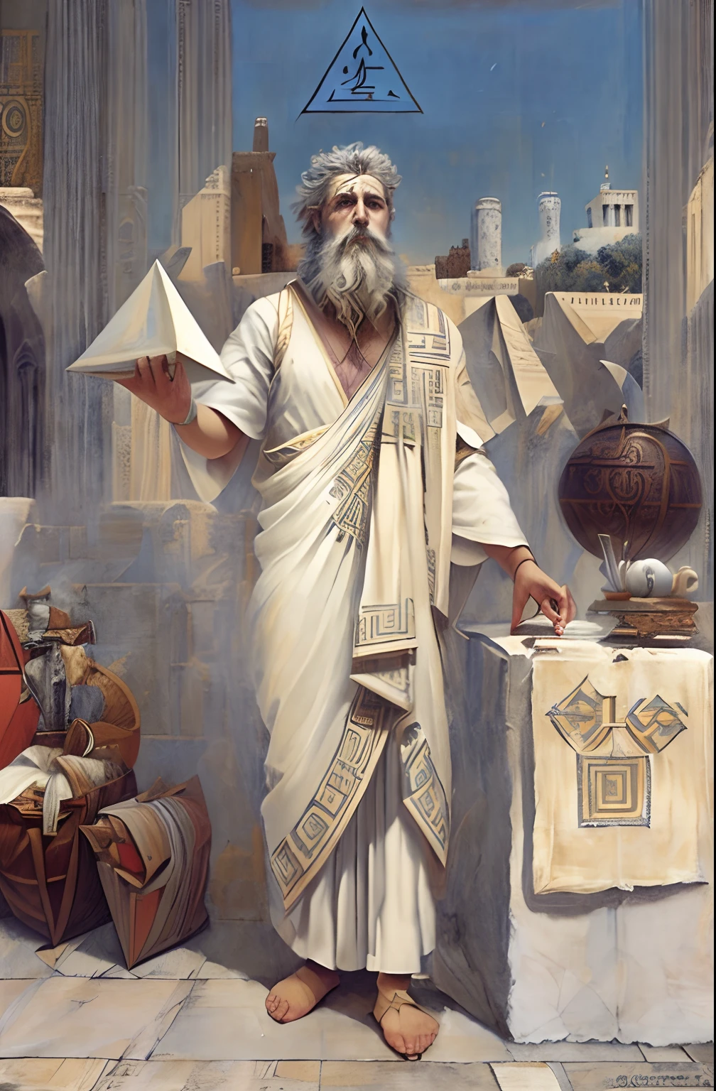 (( Pythagoras )) a painting of a man with a beard and a white robe, hermes trismegistus, archimedes, inspired by Theophanes the Greek, pythagorean theorem, gregory euclide, masonic art, inspired by Cedric Seaut (Keos Masons), by Theophanes the Greek, theophanes