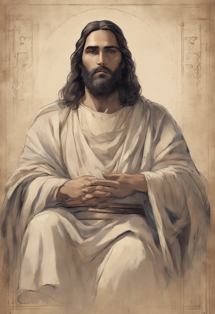 Um belo retrato realista ultra-fino de Jesus e seus apostolos, O Profeta, um homem 42 anos morena hebraica, cabelos castanhos curtos, barba marrom longa, em um templo, wearing long linen tunic closed on the breast part, em vista frontal, corpo inteiro, biblical, Realistic, 8k, arte conceitual, fotorrealista, Realistic, oil painting, Surrealismo, hiper-realista, escovas de escova, arte digital, Estilo, Aquarela
