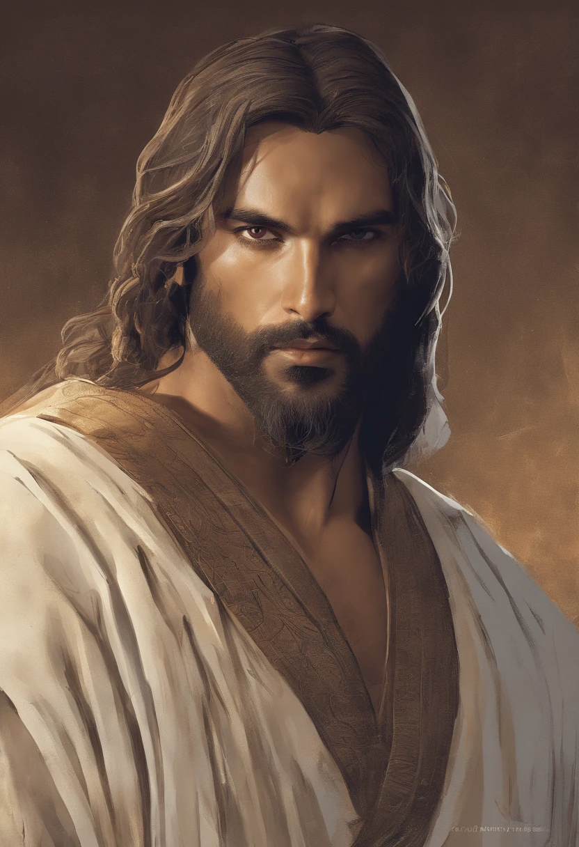 Um belo retrato realista ultra-fino de Jesus e seus apostolos, O Profeta, um homem 42 anos morena hebraica, cabelos castanhos curtos, barba marrom longa, em um templo, wearing long linen tunic closed on the breast part, em vista frontal, corpo inteiro, biblical, Realistic, 8k, arte conceitual, fotorrealista, Realistic, oil painting, Surrealismo, hiper-realista, escovas de escova, arte digital, Estilo, Aquarela