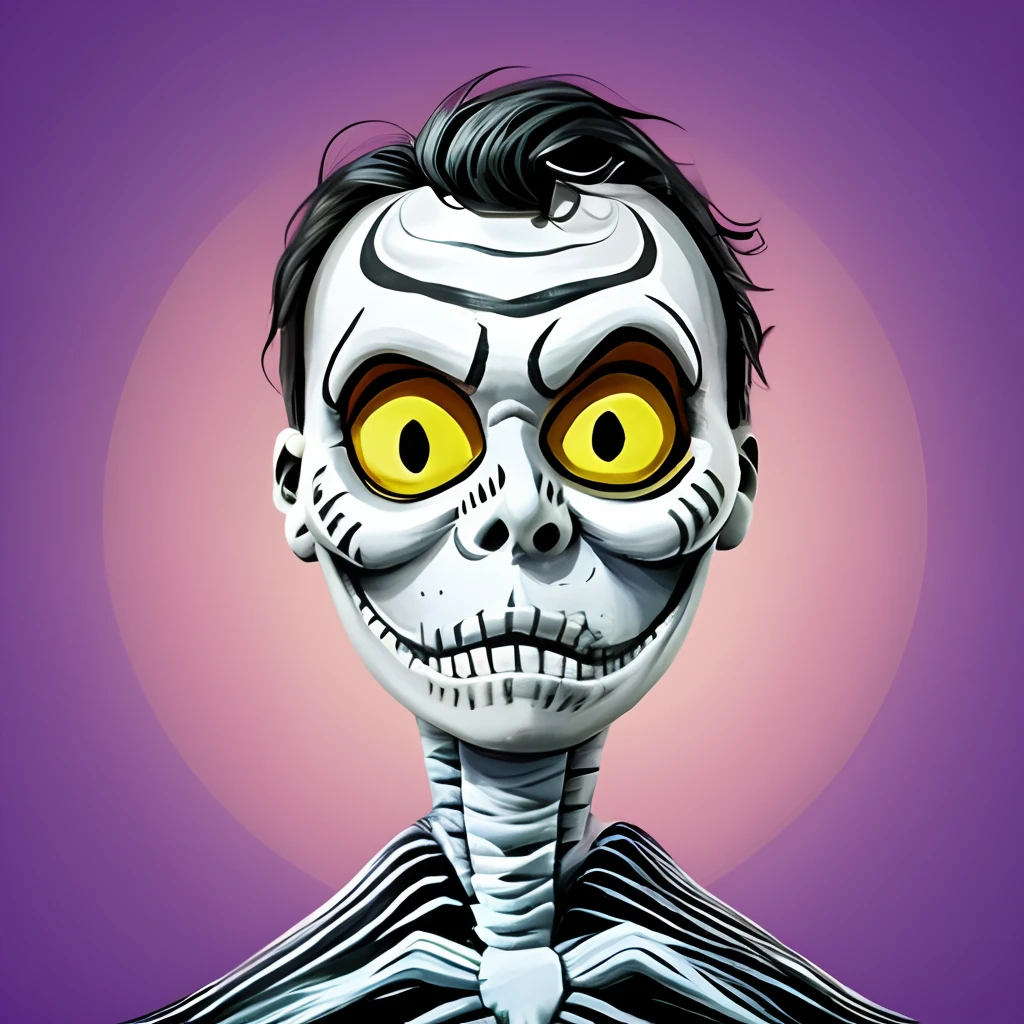 Illustration in an 80s cartoon style, flat design, portraying of a man with his (((face painted to resemble Jack Skellington))) from the movie 'Tim Burton's The Nightmare Before Christmas: Jack's story.' The background and foreground should have a Halloween theme. The focus should be on the man, with depth of field blurring the rest of the scene. Include intricate and realistic details.