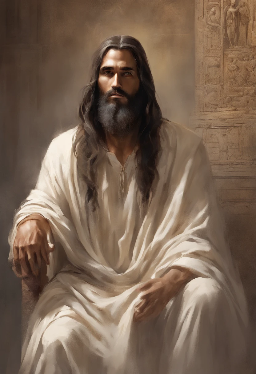 Um belo retrato realista ultra-fino de Jesus O Profeta, um homem 42 anos morena hebraica, cabelos castanhos curtos, barba marrom longa, em um templo, wearing long linen tunic closed on the breast part, em vista frontal, corpo inteiro, biblical, Realistic, 8k, arte conceitual, fotorrealista, Realistic, oil painting, Surrealismo, hiper-realista, escovas de escova, arte digital, Estilo, Aquarela