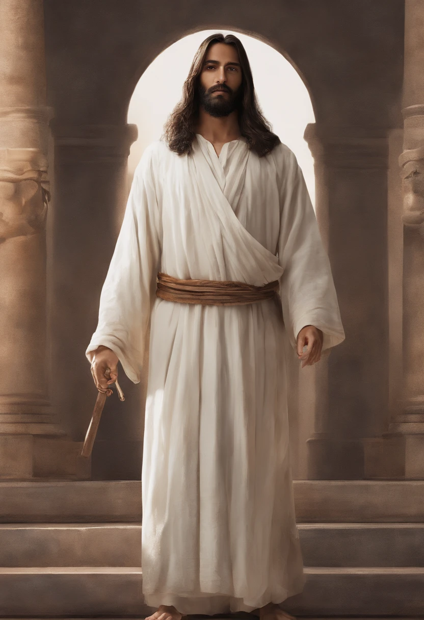 Um belo retrato realista ultra-fino de Jesus O Profeta, um homem 42 anos morena hebraica, cabelos castanhos curtos, barba marrom longa, em um templo, wearing long linen tunic closed on the breast part, em vista frontal, corpo inteiro, biblical, Realistic, 8k, arte conceitual, fotorrealista, Realistic, oil painting, Surrealismo, hiper-realista, escovas de escova, arte digital, Estilo, Aquarela