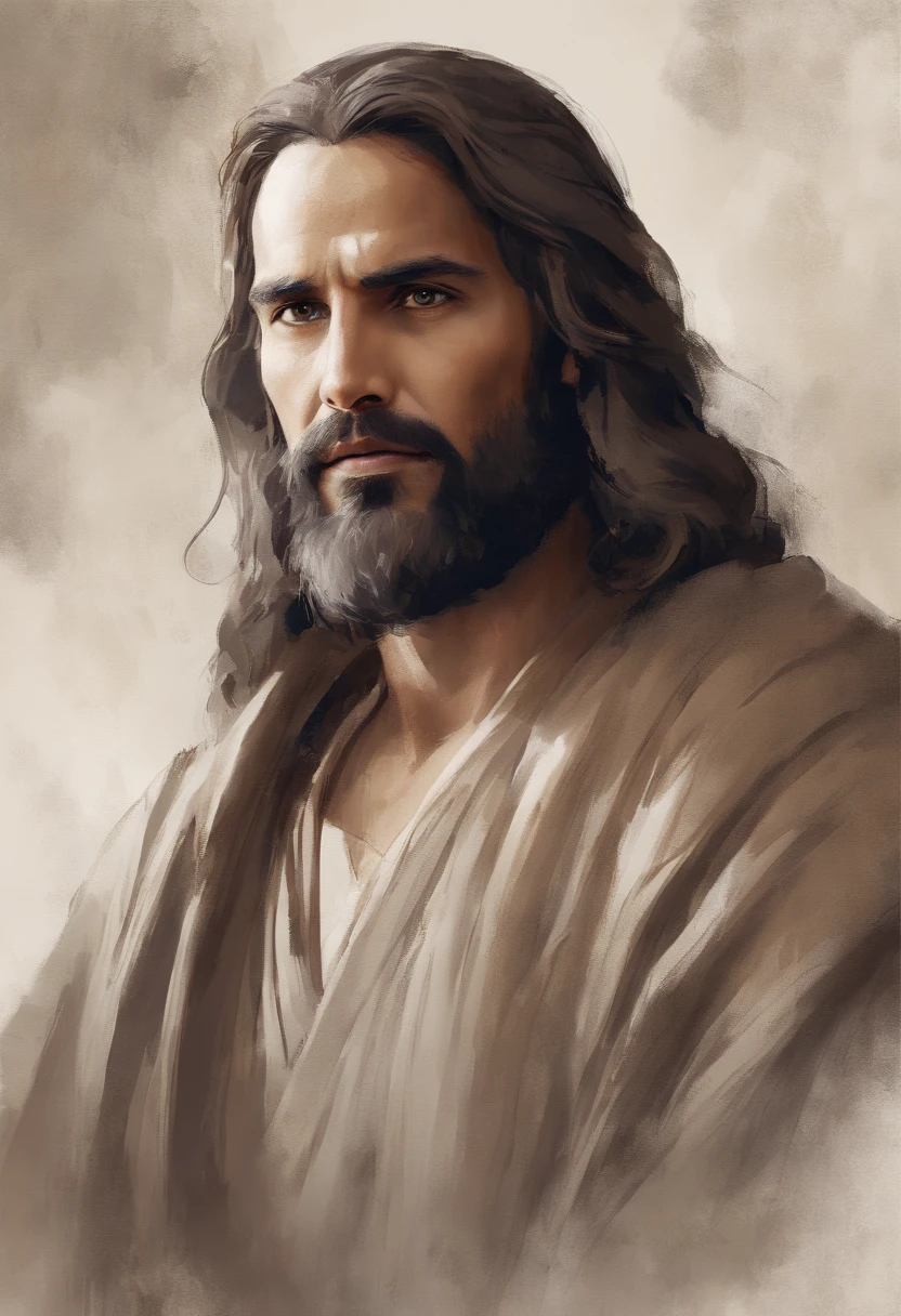 Um belo retrato realista ultra-fino de Jesus O Profeta, um homem 42 anos morena hebraica, cabelos castanhos curtos, barba marrom longa, em um templo, wearing long linen tunic closed on the breast part, em vista frontal, corpo inteiro, biblical, Realistic, 8k, arte conceitual, fotorrealista, Realistic, oil painting, Surrealismo, hiper-realista, escovas de escova, arte digital, Estilo, Aquarela