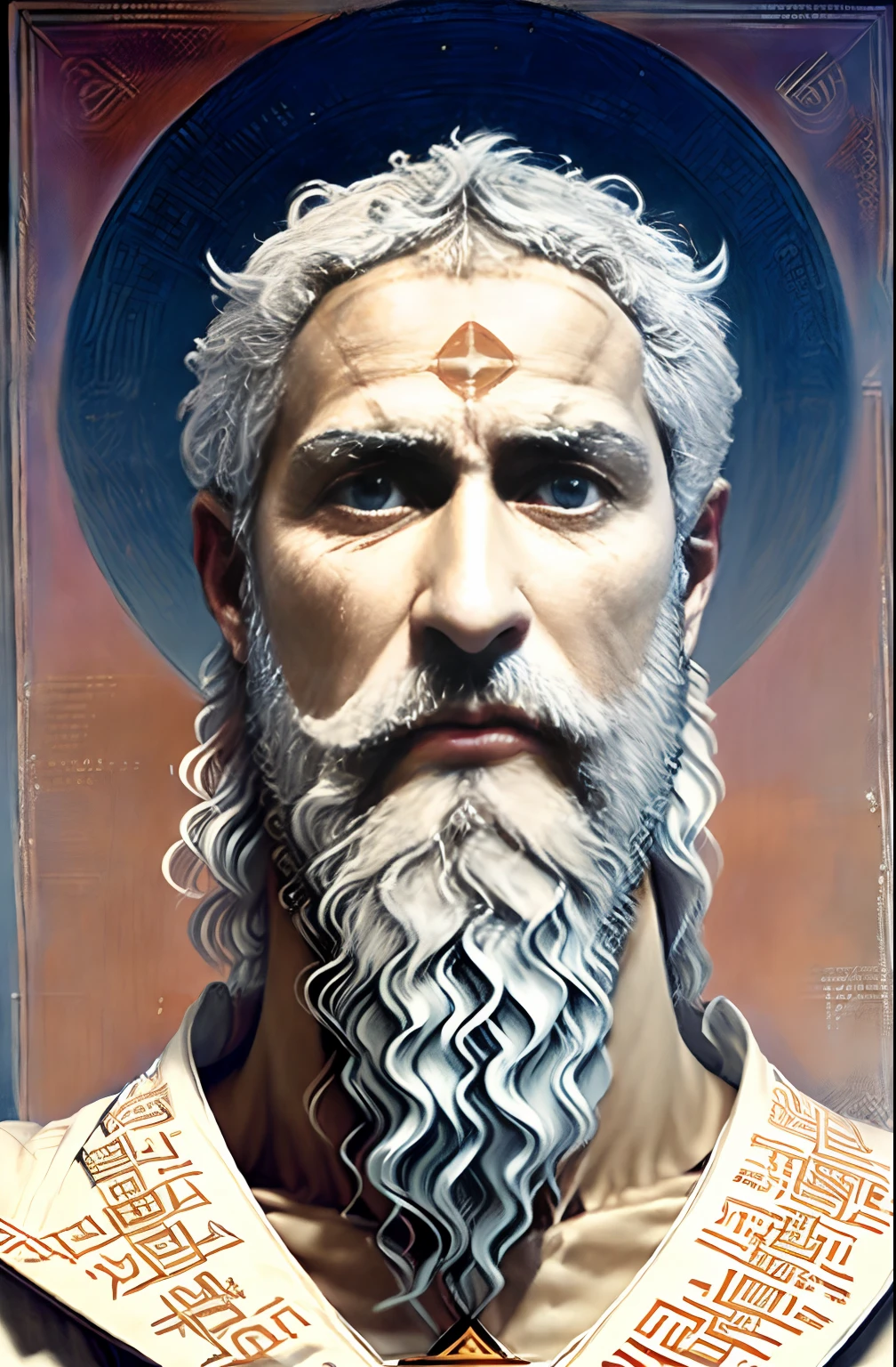 (( Pythagoras )) a painting of a man with a beard and a white robe, hermes trismegistus, archimedes, inspired by Theophanes the Greek, pythagorean theorem, gregory euclide, masonic art, inspired by Cedric Seaut (Keos Masons), by Theophanes the Greek, theophanes