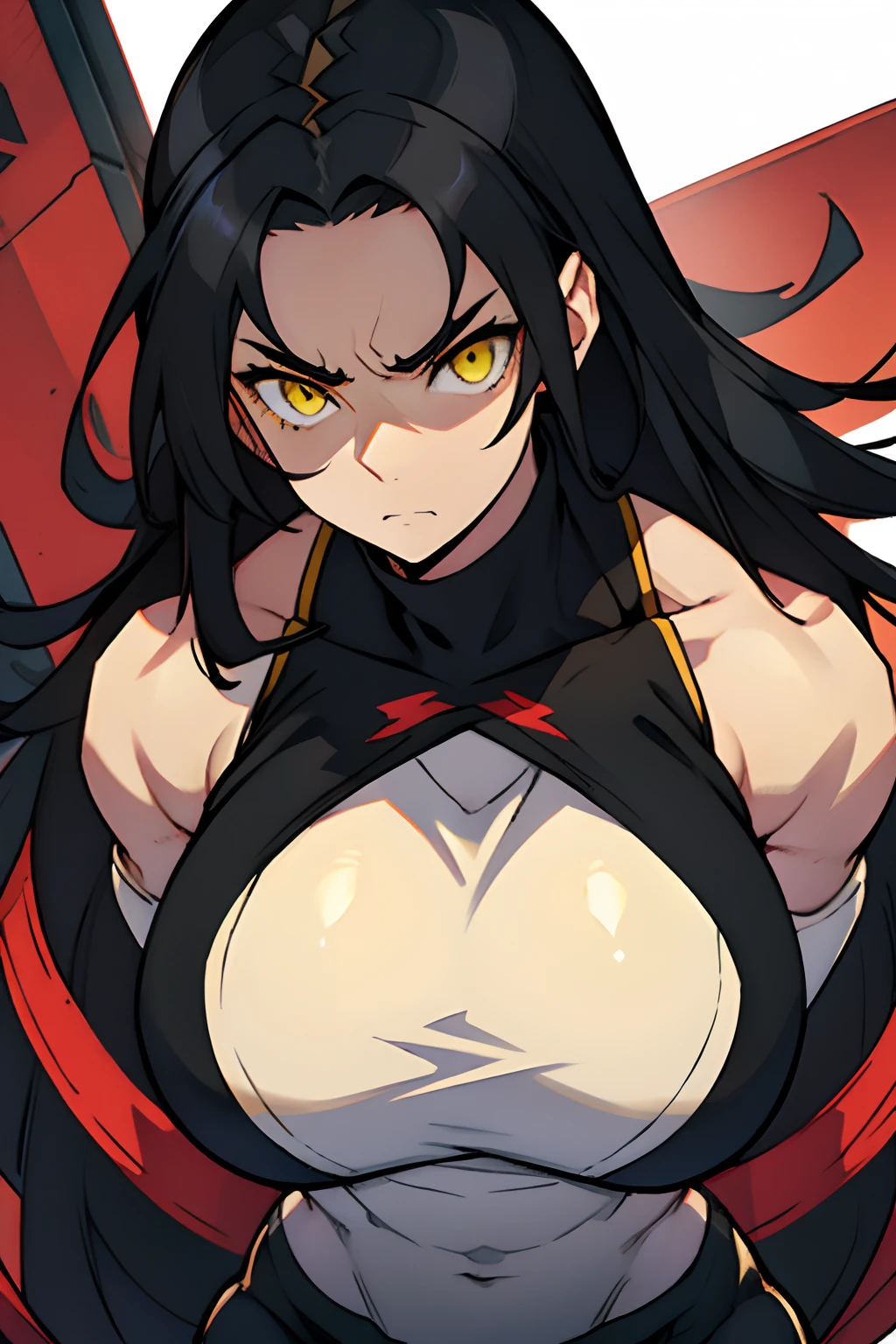 1 girl bodybuilder huge tits black hair yellow eyes very long hair pale skin angry