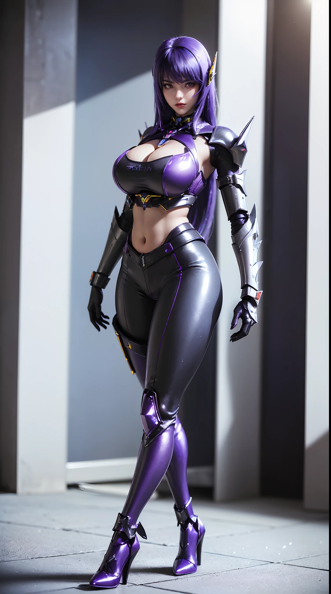 (1GIRL,SOLO:2), (super detailed face), (BIG BUTTOCKS, HUGE FAKE BREASTS:1.5), (CLEAVAGE TOP:1.5), (11 LINE ABS FEMALE:1.4), (MECHA GUARD ARM:1.4), ((WEAR PURPLE BLACK SHINY MECHA OVERWATCH ARMORED CROP TOP, BLACK MECHA TIGHT SUIT PANTS, MECHA GUARD ARMOR LEGS, HIGH HEELS:1.7)), (SLENDER VOLUPTUOUS BODY:1.3), (GLOWING SKIN:1), (SEXY LONG LEGS, FULL BODY:1.1), (PORTRAIT,LOOKING AT VIEWER:1.3), (female focus:0.886), (WALKING DOWN HALLWAY OF FUTURISTIC SPACE STATION:1), (BRIGHT LIGHT WHITEROOM:1.3), SUPER TEXTURE, UNREAL ENGINE 5 RENDER, PHYSICALLY-BASED RENDERING, ULTRA HIGHT DEFINITION, 16K, 1080P.