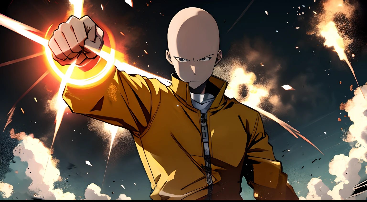 Saitama fist raised to the sky, hyperdetailed