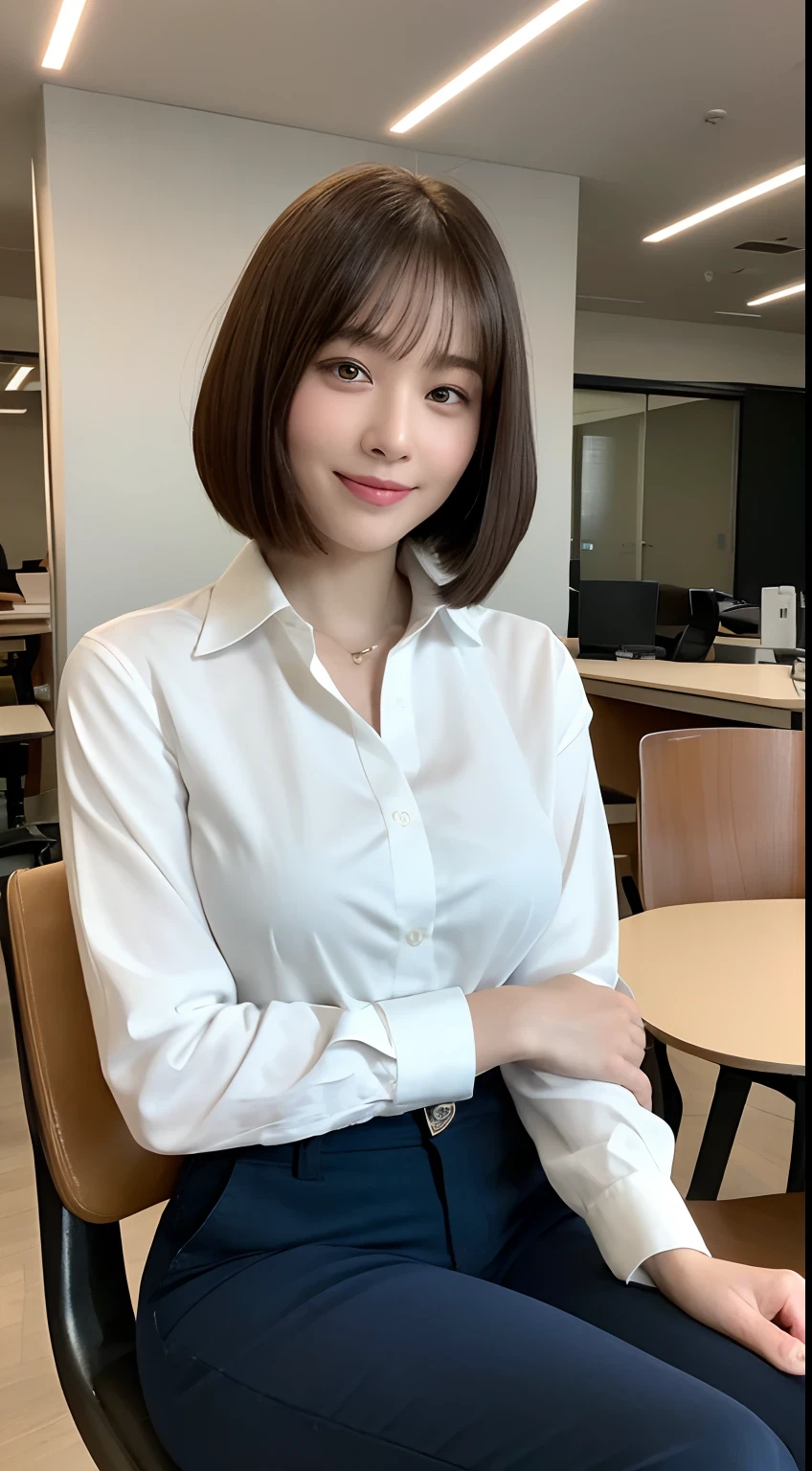 ((Best Quality, 8K, Masterpiece: 1.3)), 1woman,30years old,: 1.3, (Bob cut, Big Breasts: 1.2),button-up shirt and Chino pants、 Super Fine Face, Delicate Eyes, Double Eyelids, Smile, in the office,(sitting the chair,crossing the legs),hands on own chest