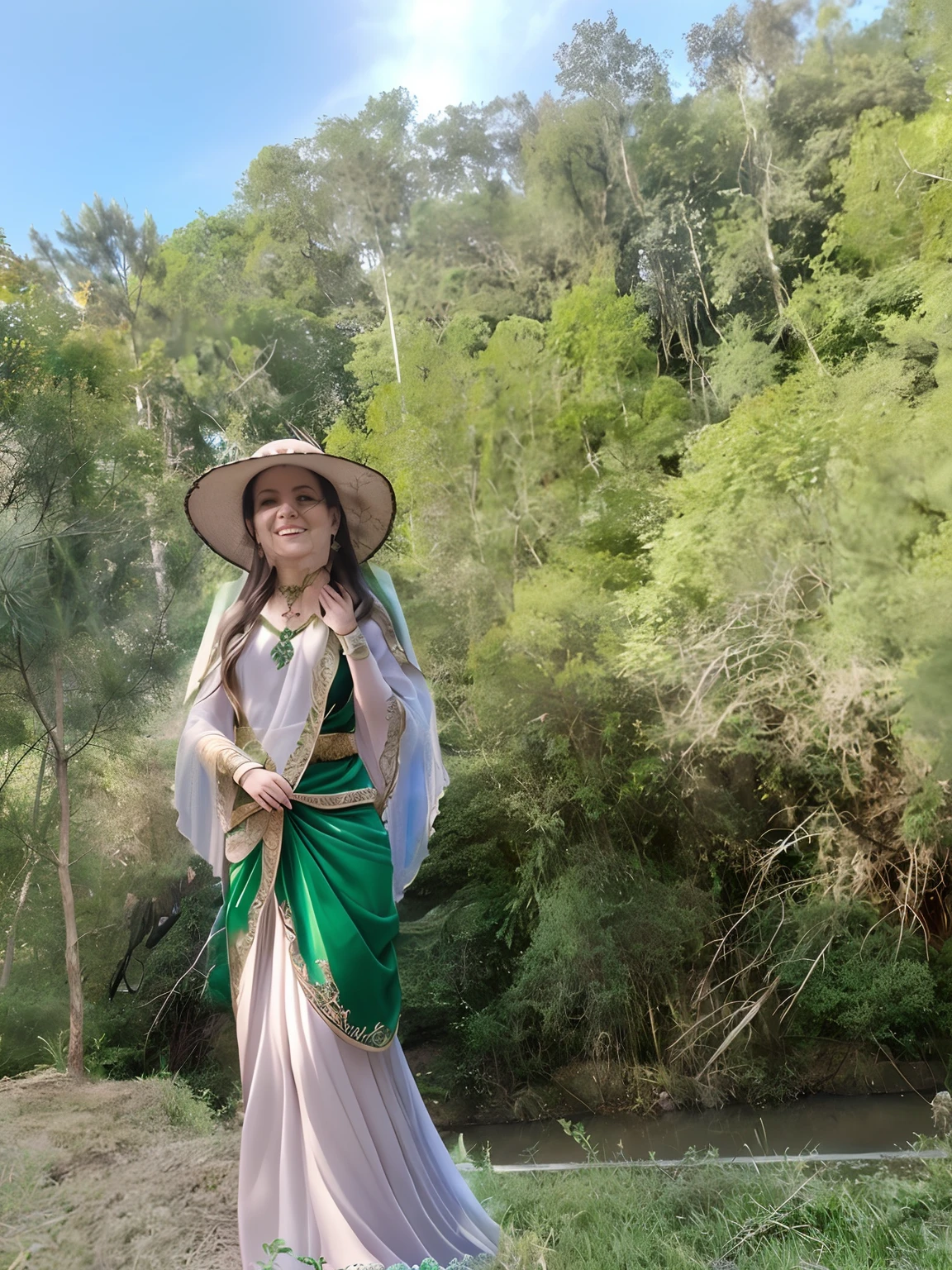 (best quality,4k,8k,highres,masterpiece:1.2),ultra-detailed,(realistic,photorealistic,photo-realistic:1.37),elf of the forest,fantasy-themed costume,elven-style like Lord of the Rings,elaborate combat armor with golden accents,enchanted forest background,mystical atmosphere,magical lighting,elf ears,graceful and elegant posture,nature-inspired patterns on clothing,flowing and ethereal fabric,ancient and intricate jewelry,forest creatures in the background,serene expression,eye-catching headdress,enchanted forest scenery,colorful and vibrant palette,magical aura,immersive 3D rendering,vivid colors,subtle and soft lighting,emerald green hues,lush foliage,ethereal and otherworldly beauty,serene atmosphere,hint of mystery and enchantment.