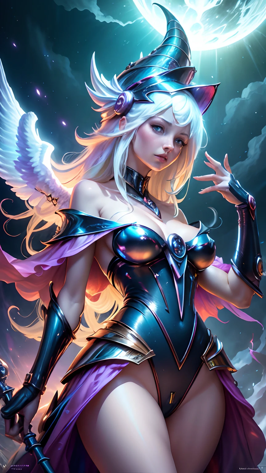 Kinematic,Photorealist dark magician gils as an Albino Angel,colores vibrantes,fantasy,warm hue,surrealista,Photorealistic masterpiece with 8k resolution by Aaron Horkey and Jeremy Mann,Professional Photography,Volumetric Lighting Maximalist Photoillustration by Marton Bobzert,Intricately detailed 8K resolution concept art,complejo,elegante,expansivo,fantastical,Mythical Clouds