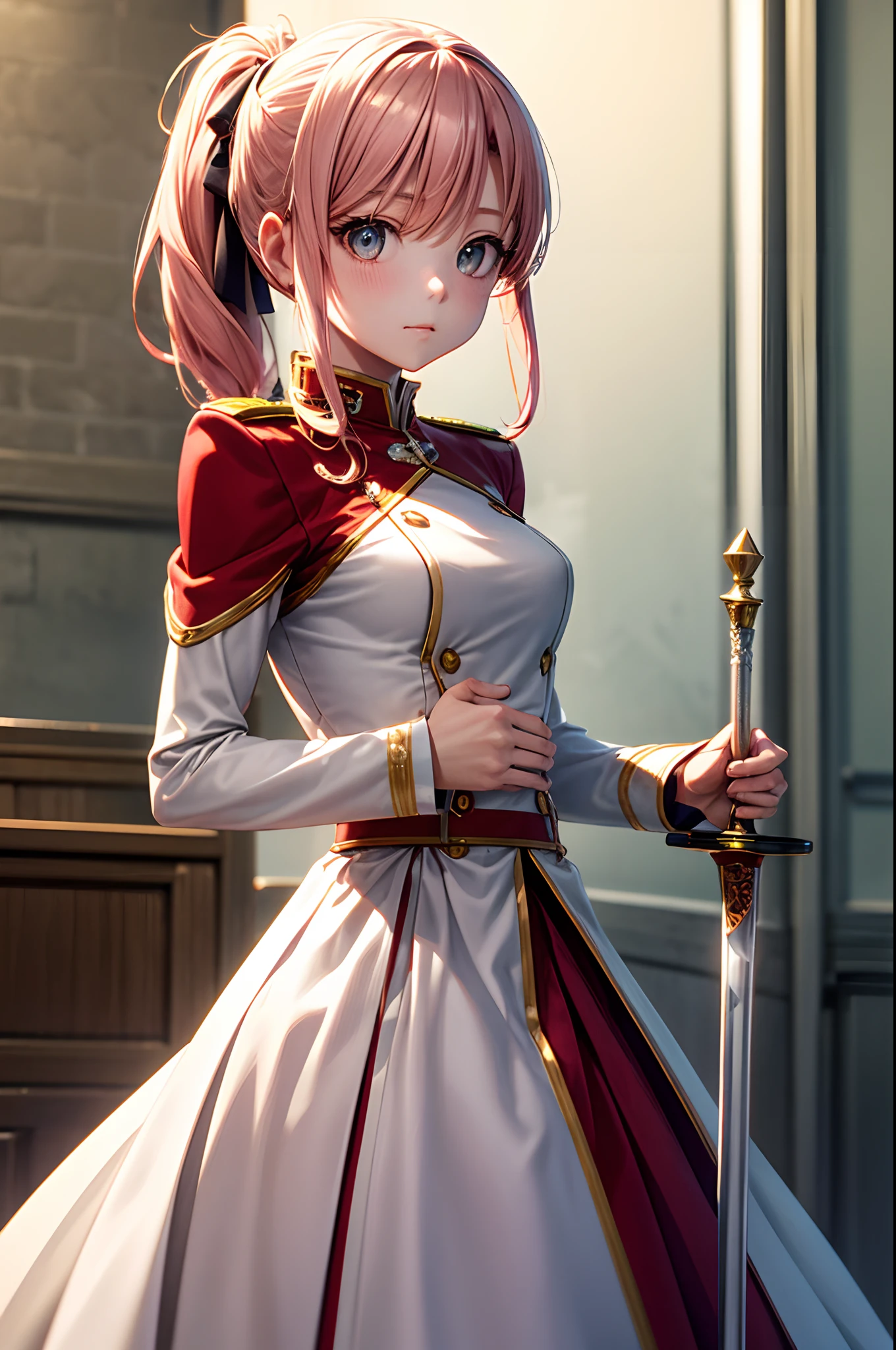 best pictures, masutepiece, ​masterpiece、super precision、sword in hands、[[rapier:1.10]]、High quality anime girl with brown hair and brown eyes、[3D images:1.25],[[Attractive eyes,A detailed eye、radiant eyes, Colorful eyes:1.25]]、the whole、front-facing view、Short ponytail, Pink hair、Long skirt、Solo Girl,red and white uniform, 8k picture、Dress correctly、Long skirt、best pictures, masutepiece, Photorealistic, Soft light, Attractive eyes that make you feel sucked in、Cowboy Shot、Kawaii Girl