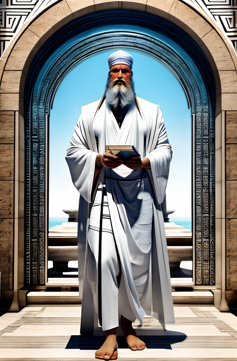 (Pythagoras ) a painting of a man with a beard and a white robe, hermes trismegistus, archimedes, inspired by Theophanes the Greek, pythagorean theorem, gregory euclide, masonic art, inspired by Cedric Seaut (Keos Masons), by Theophanes the Greek, theophanes