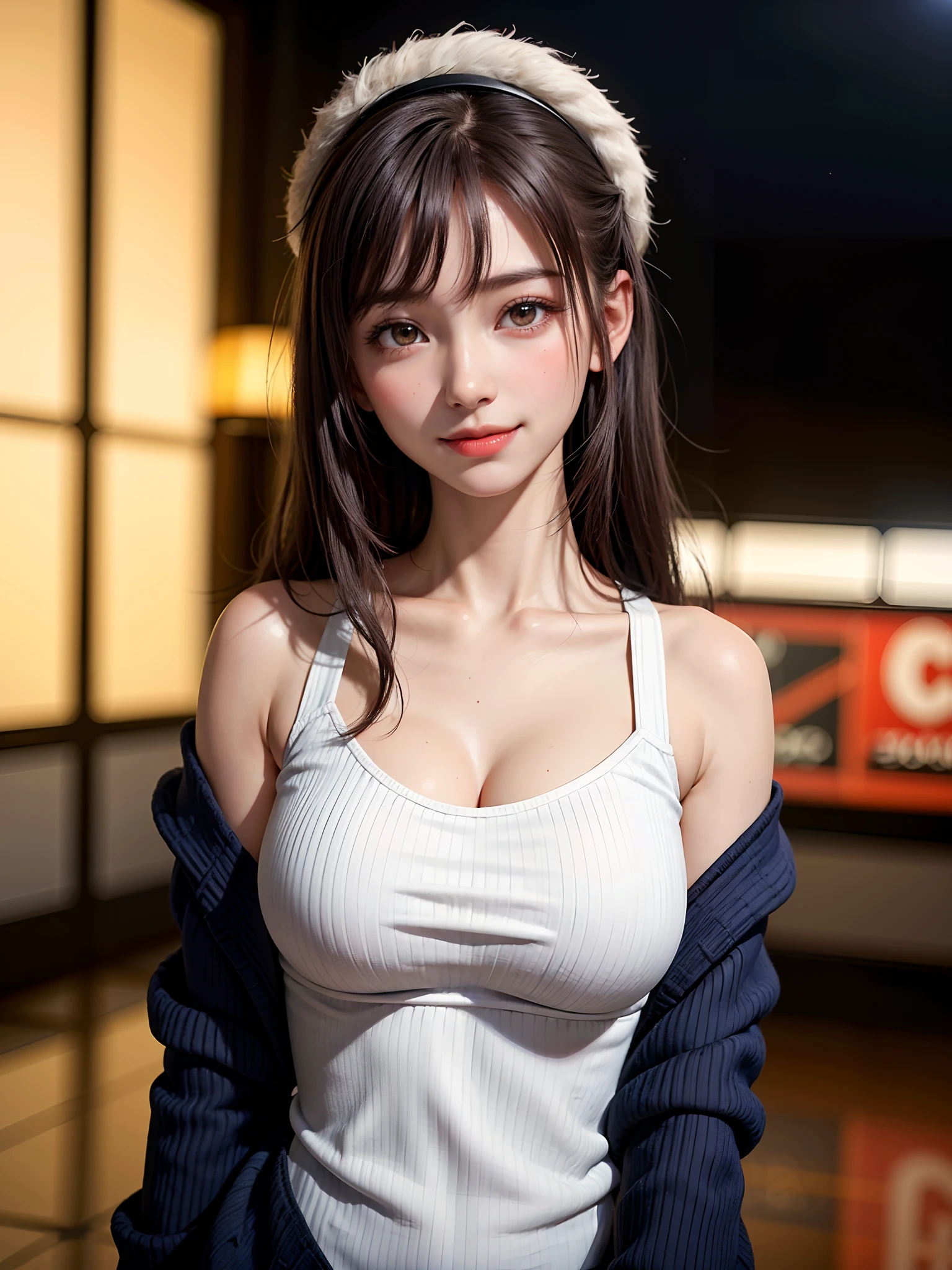 (logo, masterpiece, 8K, Tabletop, RAW Photos, wonderful, 最high quality, Photorealistic and very detailed CG composite 8k wallpaper, high quality, Very detailed, Narrative poem, Particle Effects, Dynamic Effects, Depth of the Boundary, Cinematic Light, Lens flare, Ray Tracing), short hair beautiful young woman, Hair tied back, high detail skin, very fine, fine skin texture, beautiful face, realistic eyes, beautifully detailed eyes, realistic skin, beautiful skin, surreal, smiling eyes, Hair and light eyes, Vibrant, Colorful lights and bokeh. The lighting casts a warm glow on her face and hair, Blue glow, Water surface reflection, Creates a dreamy and magical atmosphere, Big Breasts, Brown Hair, short hair, plump lower lip, pink blush on the cheeks , pink lips, brown tight no-shoulder knit sweater