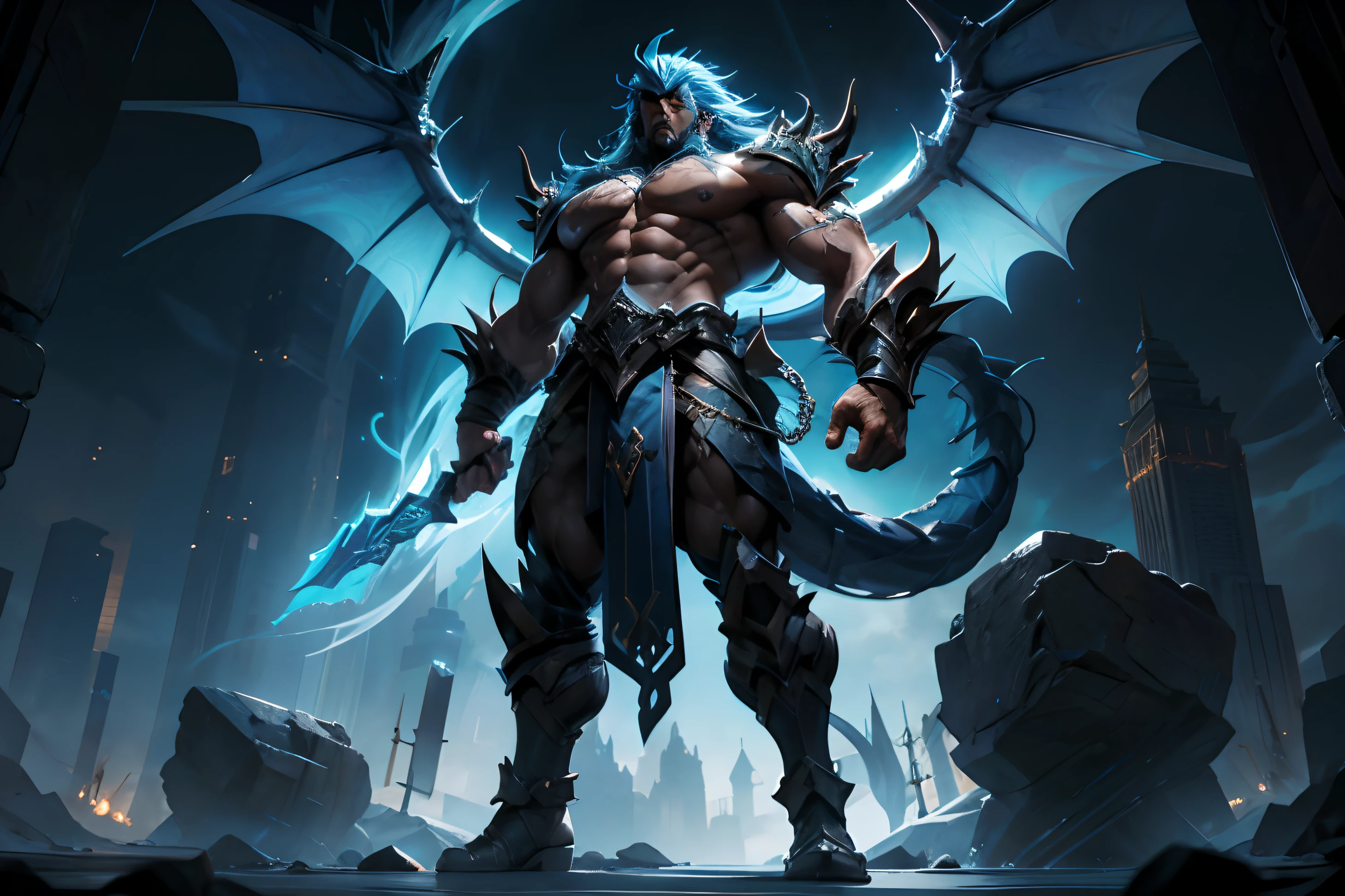 Azazel Tiamat stands tall and imposing with a broad, muscular build reminiscent of characters often found in the "bara" genre. His skin bears a rich, dark complexion, and his long, ice-blue hair flows gracefully down his back. Luminescent tattoos adorn his powerful physique, giving him an ethereal quality, while his strong, chiseled features reflect both his inner strength and his journey of self-discovery and redemption.