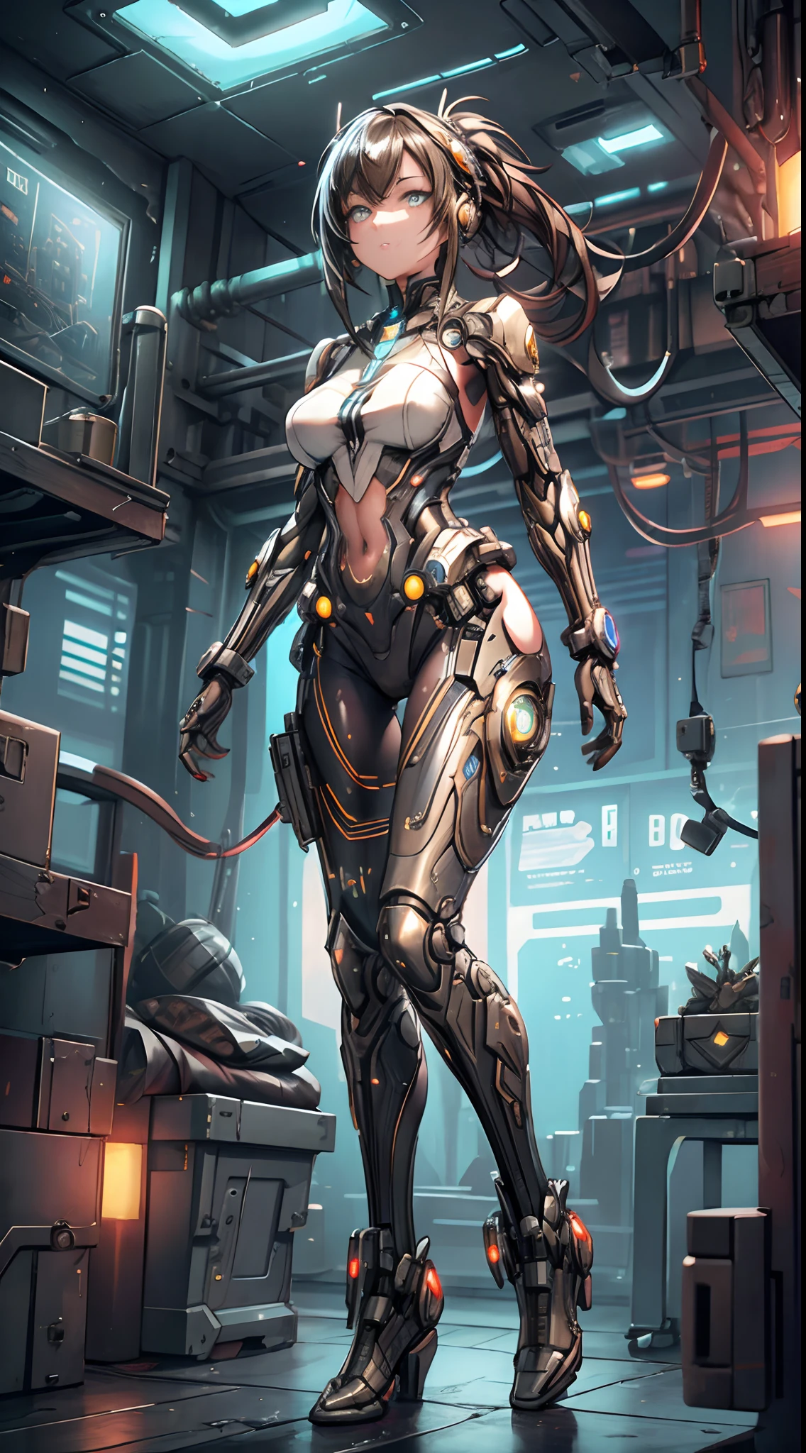 The prompt for Stable Diffusion:
(best quality, high resolution, masterpiece:1.2), detailed cyborg girl, mechanical elements, futuristic environment, glowing neon lights, metallic textures, intricate circuit patterns, cyberpunk style, vibrant colors, dynamic pose, intense gaze, advanced technology, holographic interface, urban cityscape, digital effects, sleek and glossy finish, sharp focus, sci-fi concept art, cybernetic enhancements, energy surges, dystopian atmosphere, powerful presence, 3D rendering, professional digital painting, clean lines, flawless design, cutting-edge robotics, cybernetic implants, riveting details, action-packed scene, atmospheric lighting, industrial aesthetics, mysterious aura, high-tech weaponry, immersive experience, intense expressions, dramatic shadows, futuristic fashion, dystopian society, advanced cybernetics.