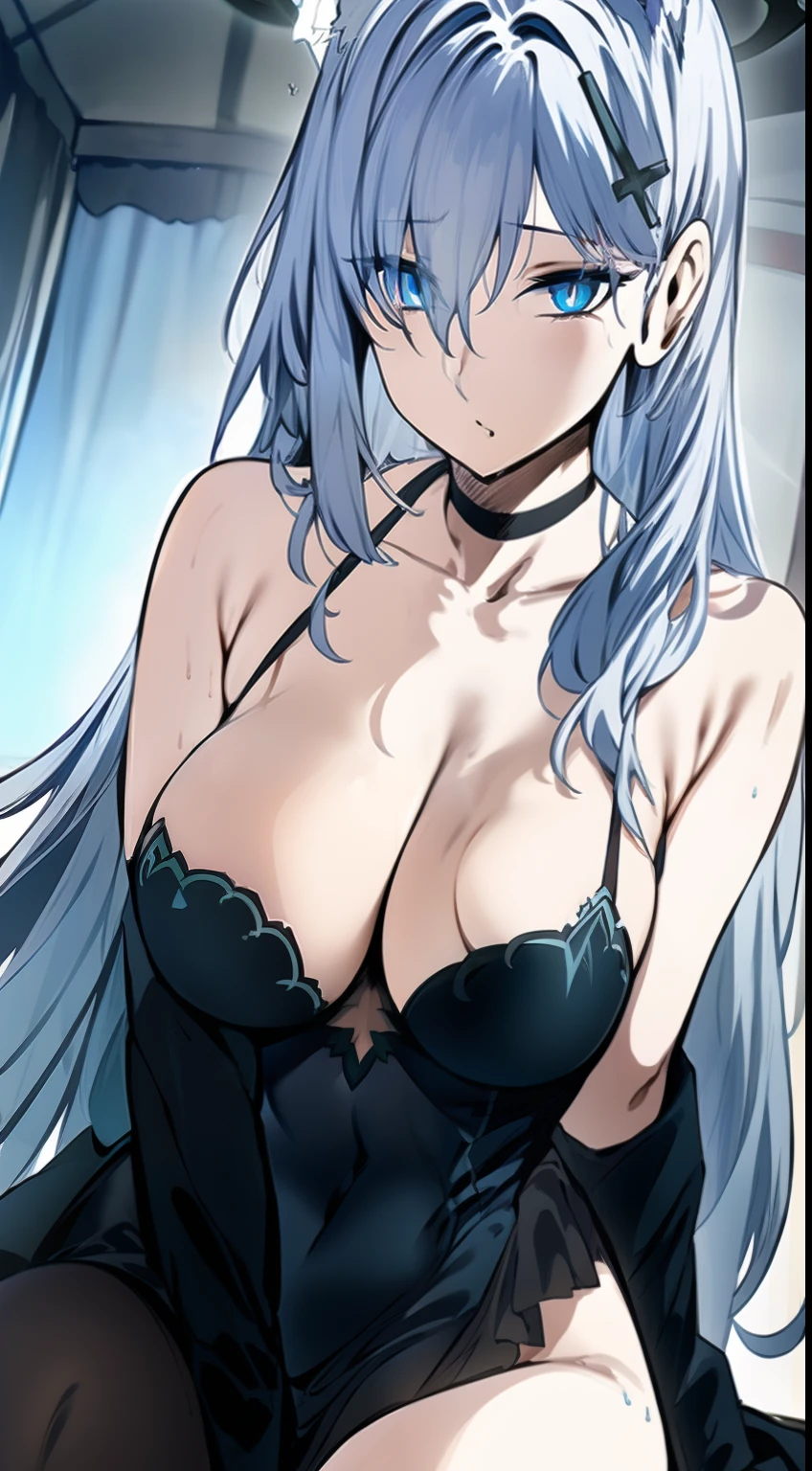 D, HD, Detailed details, Detailed landscapes, beautiful lights, Beautiful Shadows, top-quality, Highly detailed, masterpiece, best quality, solo, 1girl, animal ears, extra ears, Shiroko black, dress, cleavage, animal ear fluff, large breasts, looking at viewer, blue eyes, black choker, black dress, halo, grey hair, parted lips, long hair, collarbone, earrings, bangs, jewelry, hair ornament, hair between eyes, stud earrings, ahoge, jacket, cross hair ornament, anime-styled, expressionless, full body, sitting, on bed, full body, ((arm_up)), ((hand over head))