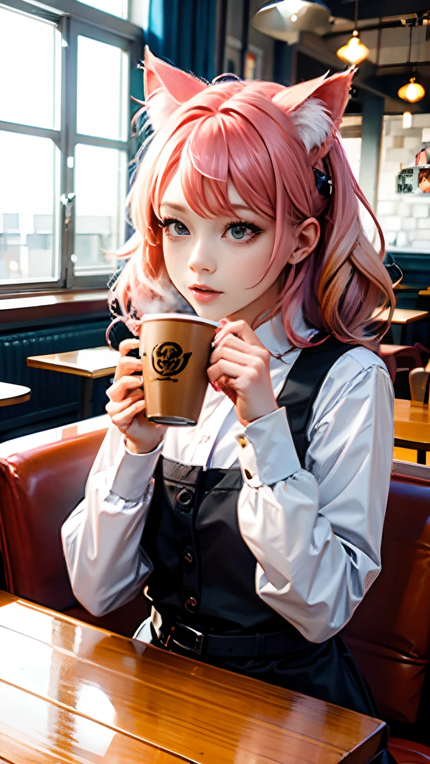 Cat girl with pink hair is drinking coffee in a café