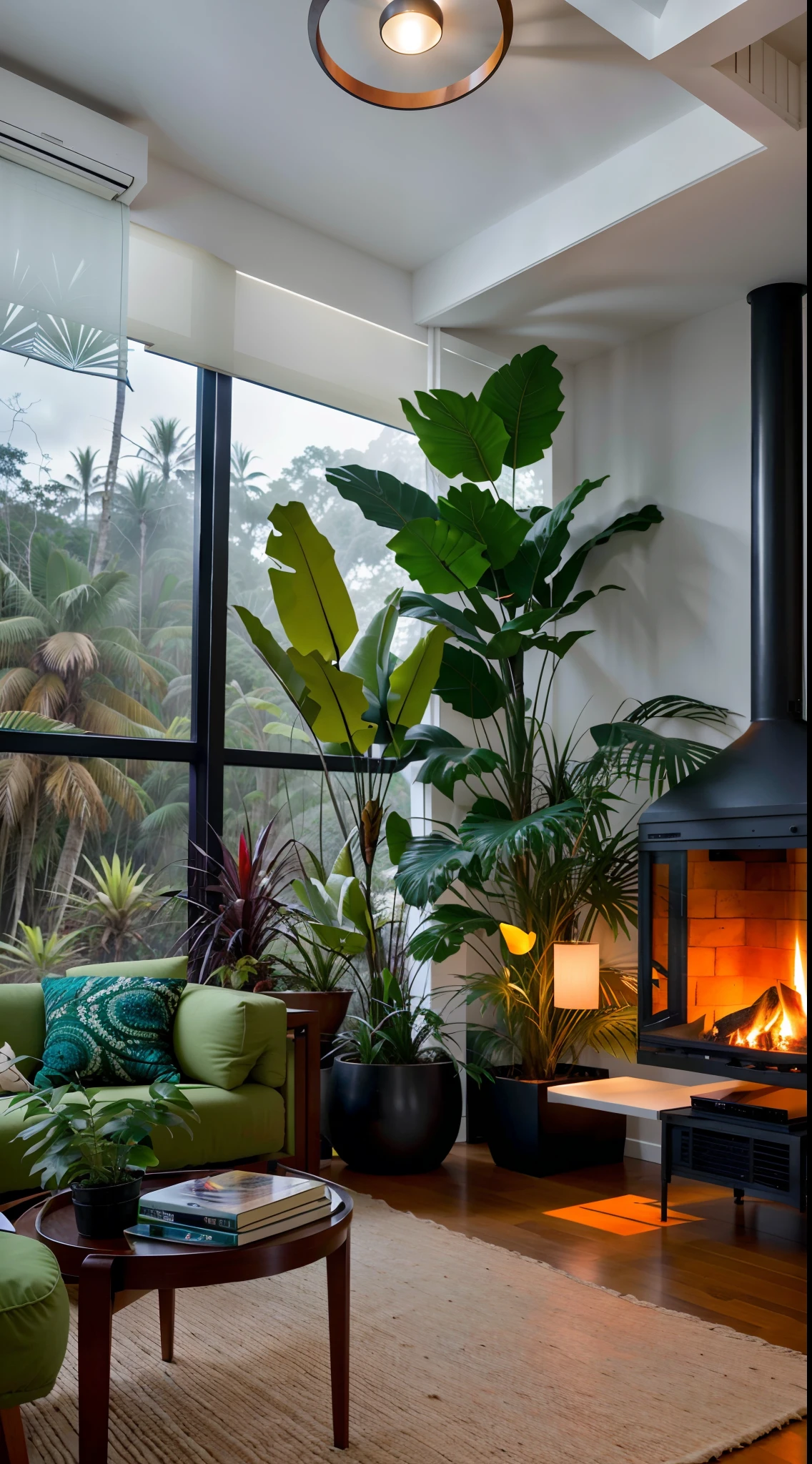Sala de estar com vista para uma montanha e uma floresta, mountainous jungle setting, jungle setting, Como uma cena de Blade Runner, magical ambiance, pintura escura ultrarrealista, em um ambiente de selva, pleasant environment, floresta nublada, Selva bonita, ambiente mal-humorado, Selva exuberante, Inside an alien jungle, Plantas e selva, montanhas da floresta tropical, ambiente relaxante