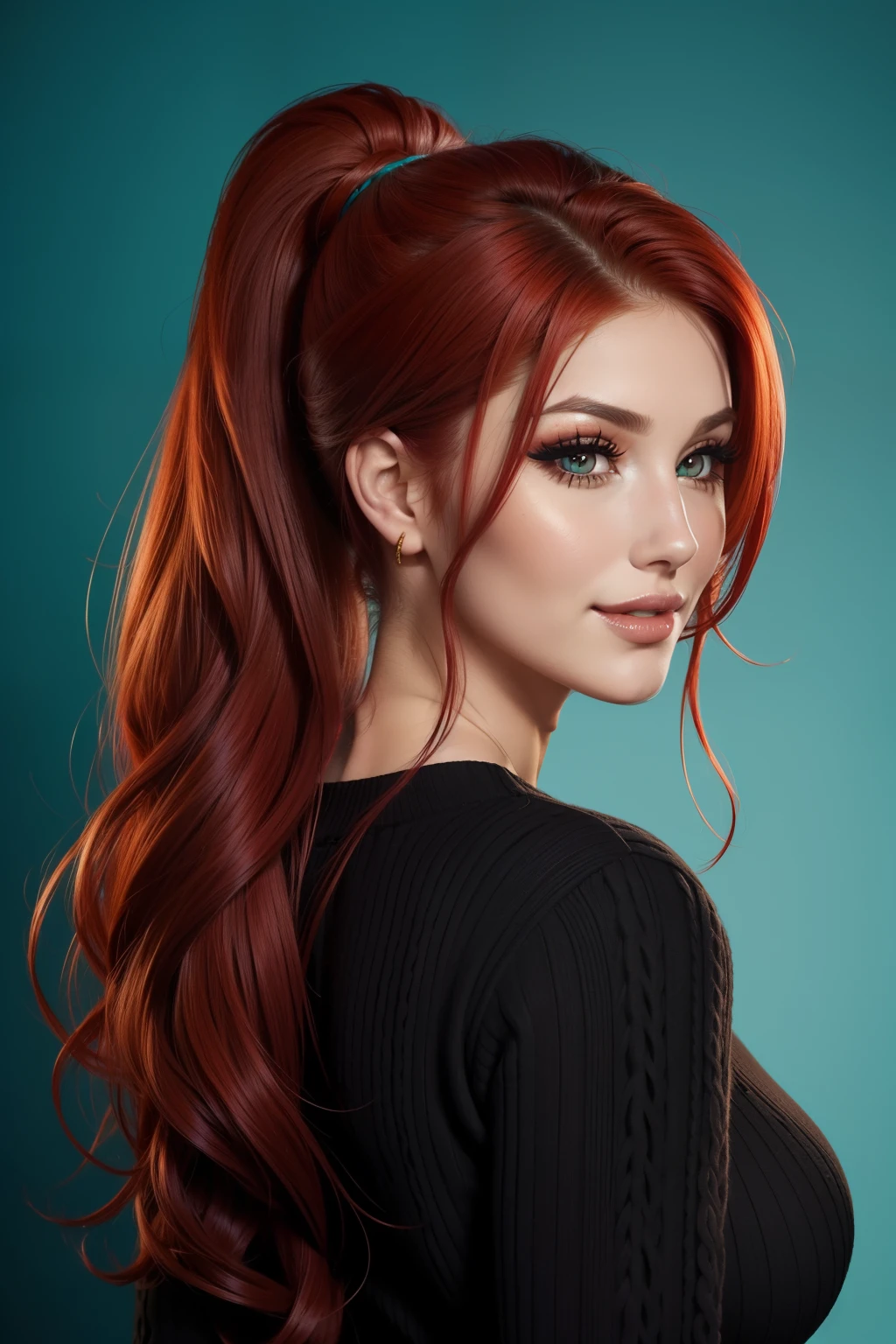 Lucy Pinder, Face portrait, portrait, smiling, red hair, long hair, ponytail, ((Voluptuous woman)), ((Very intense makeup)), turquoise sweater, black pants, back, beautiful rear