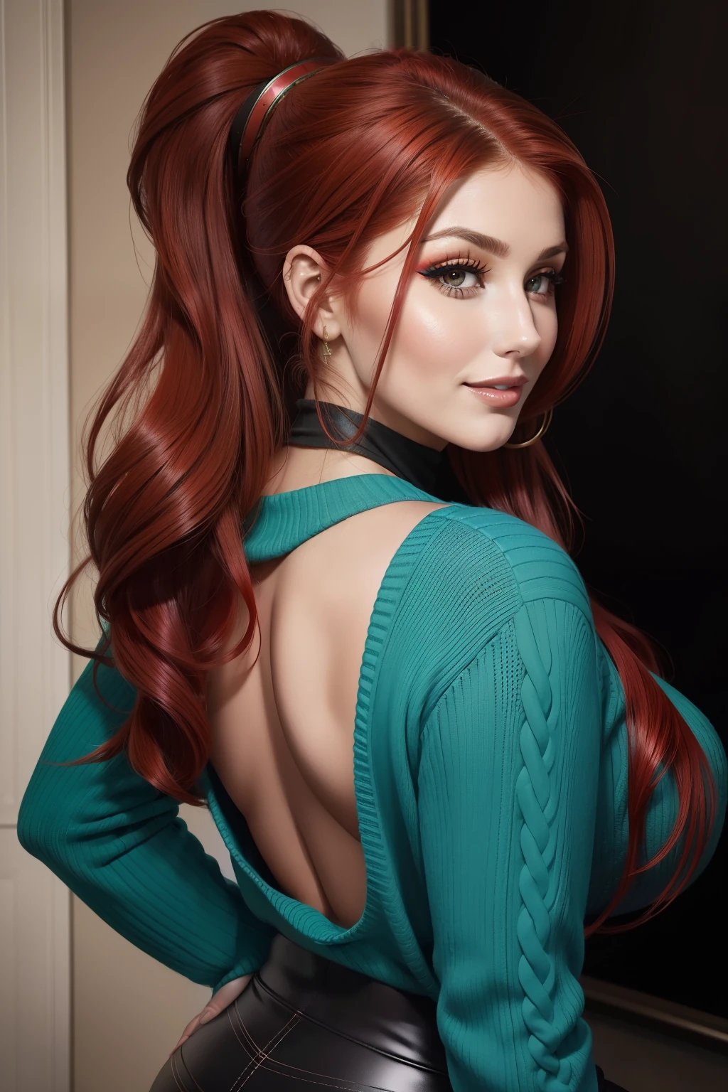 Lucy Pinder, Face portrait, portrait, smiling, red hair, long hair, ponytail, ((Voluptuous woman)), ((Very intense makeup)), turquoise sweater, black pants, back, beautiful rear
