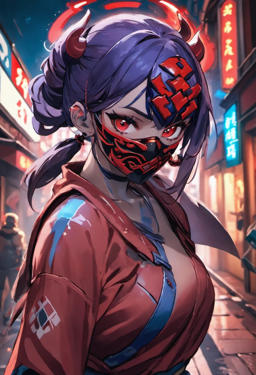 fotografia de close-up, jovem mulher confiante com cabelos azuis e um coque, Wearing an Oni Mask with Red and Blue Designs, on a street at night, fotorrealista, Cinematic lighting