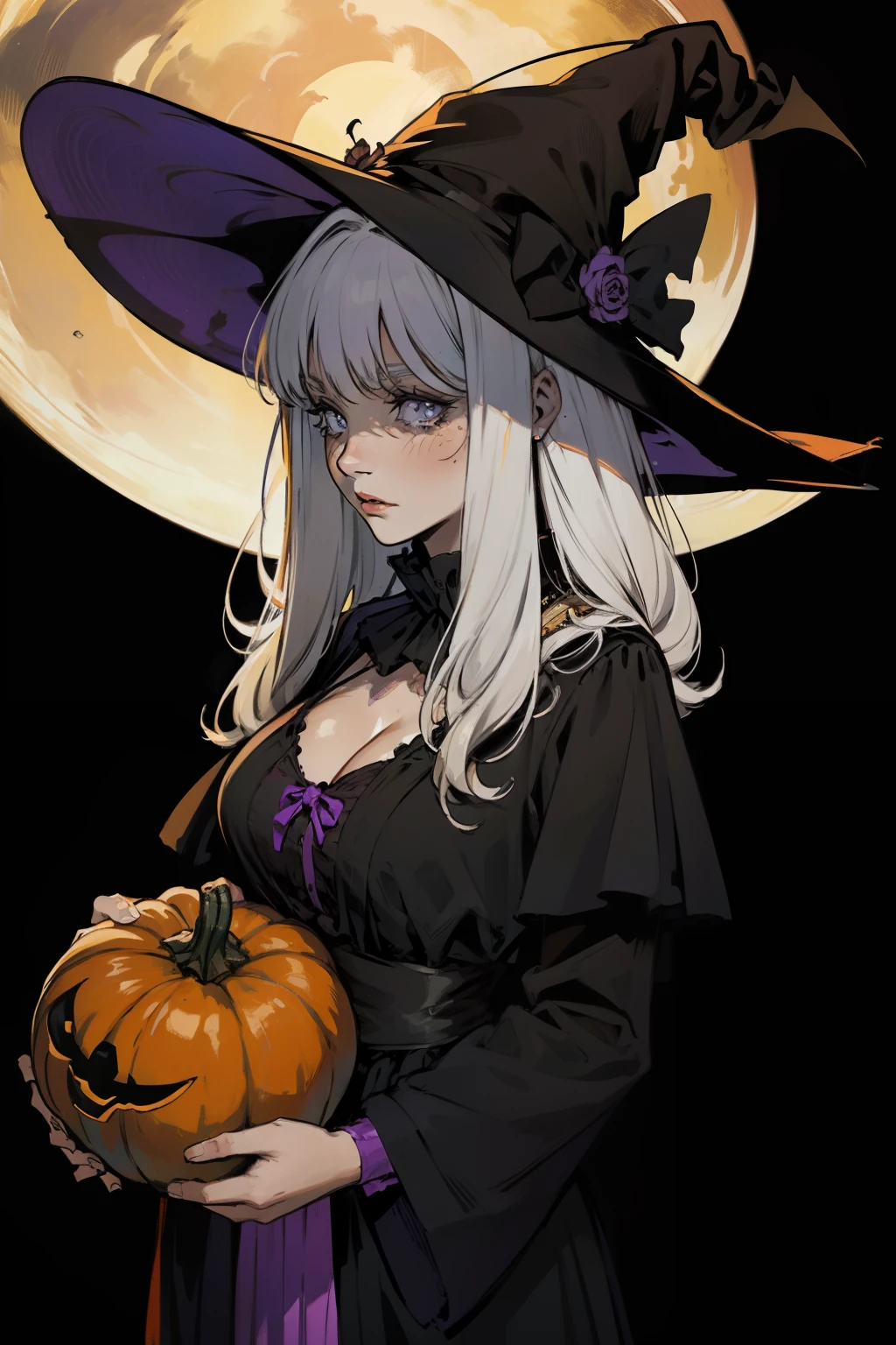 "una linda adolescente，Ella tiene el pelo largo y blanco，pechos grandes hermosos，Egiptoión，He wears a delicate military robe. Master-quality artwork of the highest quality.，Halloween Witches，Halloween Decoration，calabaza，halloween，velas cerosas，Lleva al personal，bruja tiene，El brujo，Magestic，Baratijas"Adolescente Chica，Adolable，The Little Witch of All Hallows' Eve，Halloween Pumpkin，con un sombrero de bruja，gatos negros，Use Halloween decorations，Wearing a fluffy black and purple Halloween dress，