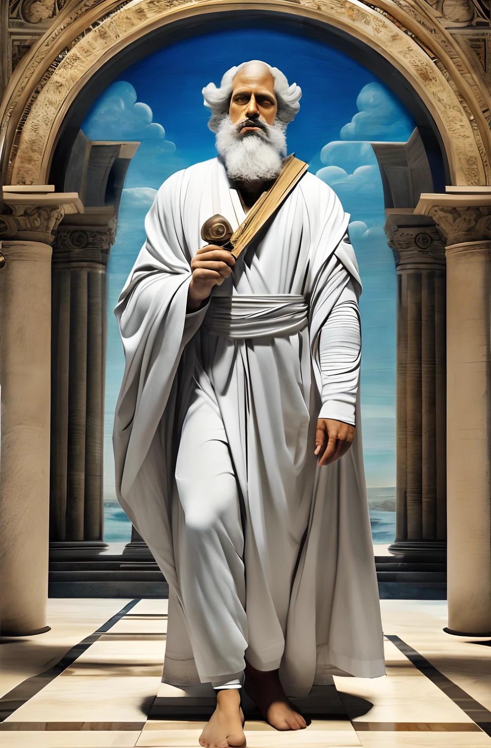 (Pythagoras ) a painting of a man with a beard and a white robe, hermes trismegistus, archimedes, inspired by Theophanes the Greek, pythagorean theorem, gregory euclide, masonic art, inspired by Cedric Seaut (Keos Masons), by Theophanes the Greek, theophanes