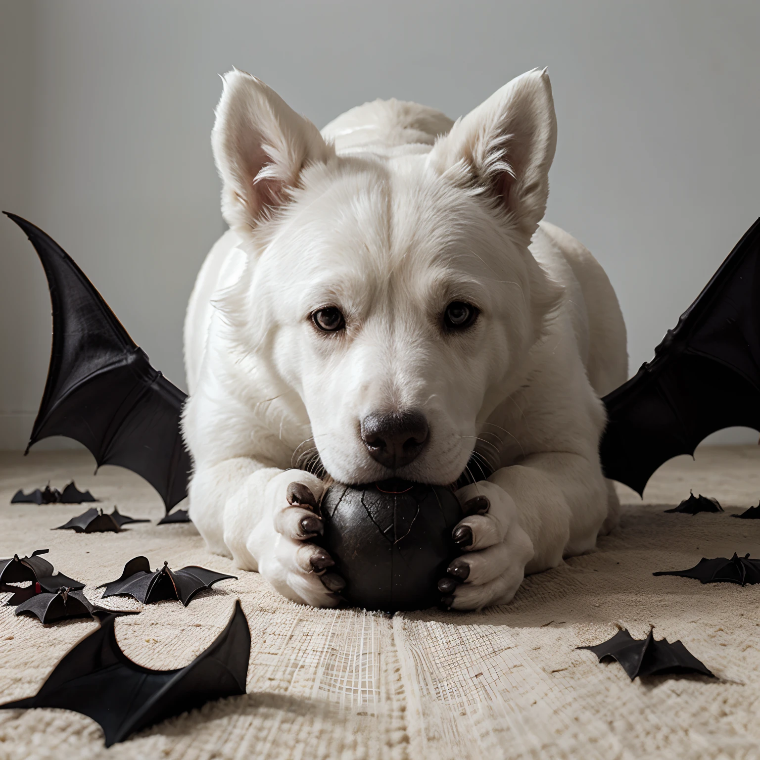 Create a giant white dog by eating a pile of bat corpses